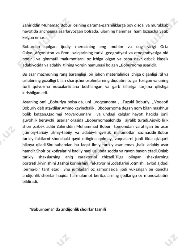 asrda yashab ijod etgan mashhur tarixshunos olim yuriy nikolayevich yakubovskiy va uning oʻzbekistonli shogirdi akademik sabohat azimjonova oʻzlarining ayrim asarlarida shu masalalar boʻyicha fikr izhor etib oʻtganlar. s.azimjonovaning“k istorii fergan! vtoroy polovinm xv veka” asari (toshkent, 1957) boburning andijonda yashagan davri, uning siyosiy va harbiy faoliyatiga bagʻish- langan. unda olima xv asr i yarmidagi andijon adabiy- madaniy hayoti toʻgʻrisida ayrim maʼlumotlar beradi. xv asr oʻrtalarida andijon viloyati, yaʼni hozirgi fargʻona vodiysi xuroson va movarounnahr va ular atrofidagi mamlakatlarning podshohi sultonabu said mirzoga qarashli edi. u ni ng oʻnta oʻgʻli boʻlgan. shulardan biri umarshayx mirzodir. sulton abu said a n d i j o n v i l o ya ti n i n g hukmdori etib shu oʻgʻli umarshayx mirzoni tayinladi. umarshayx qoʻl ostiga oʻzgand shahri va unga yaqin yerlar ham kirar edi. umarshayx mirzo qoshiga amirlar, noiblar belgilandi. bu voqea 1459-1469 yillar oʻrtasida yuz bergan.umarshayx mirzo andijon viloyatida oʻz …