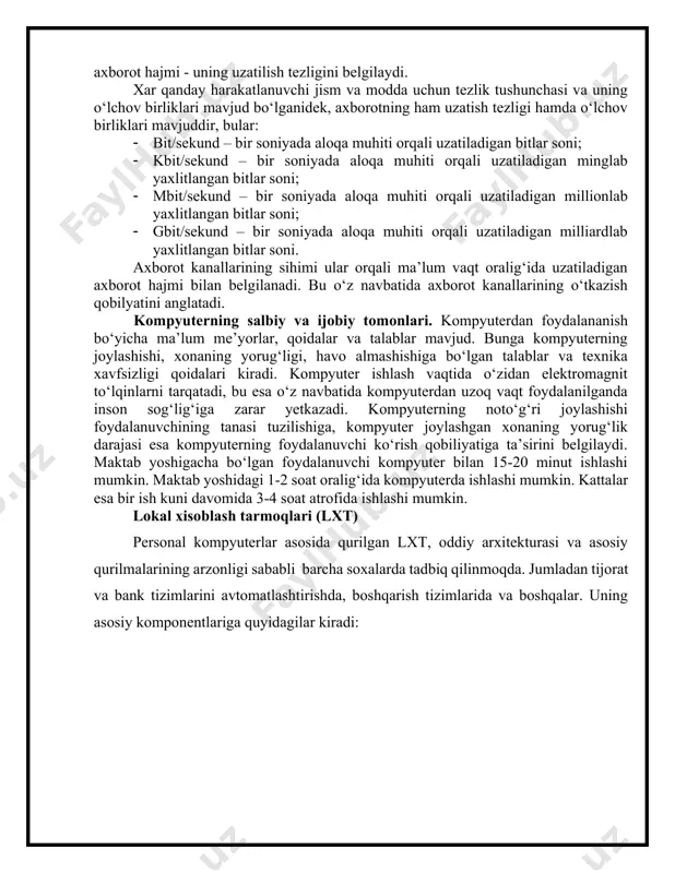 gan, ma’lumotlar ombori va elektron jadvallar bilan jamoa bo‘lib ishlash imkonini beruvchi korxona yoki tashkilot mikyosidagi yangi axborot muxitini tashkil etuvchi kompyuter tarmog‘idir. intranet boshqa kompyuter tarmoqlaridan quyidagi jixati bilan farqlanadi: bir yoki bir nechta serverdan tashkil topgan tarmoq mijozi undagi ma’lumotlardan foydalanish uchun ularning qaysi serverda, qaysi katalogda, qanday nom bilan saqlanayotganligini, ularga kirish usuli va shartlarini bilishi zarur bo‘ladi. internetda esa bunday noqulayliklarning oldi olingan bo‘lib, uning foydalanuvchisi bunday ma’lumotlarni bilishi shart emas. bundan tashqari, internet tarmog‘ida mavjud bo‘lgan barcha elektron xujjatlar va ma’lumotlar omborini giperbog‘lanishlar yordamida o‘zaro bog‘lab yagona axborot muxiti qurish, unda qulay axborot qidiruv tizimlarini tashkil etish mumkin bo‘ladi. “fuqarolarning shaxsga doir ma’lumotlariga ishlov berishning qonuniy talablari” buzilganligi uchun o‘zbekistonda ayrim ijtimoiy tarmoqlardan foydalanish cheklandi, deya ta’kidlamoqda “o‘zkomnazorat”. faoliyati cheklangan ijtimoiy tarmoqlar nomi ko‘rsatilmagan, ammo ijtimoiy tarmoq foydalanuvchilari twitter, tiktok va vkontakte faoliyatida uzilishlar bo‘layotganini aytmoqda. axborot muhitida tezlik tushunchasi, birliklari va axborot kanallari sig‘imi. …