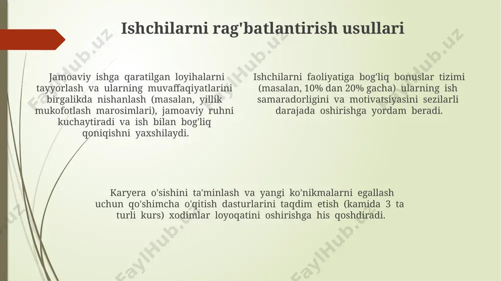 stressni boshqarish ish va shaxsiy hayot muvozanatini saqlash (work-life balance) muammolarni hal qilish qobiliyatini 40% ga va stressga chidamliligini 25% ga oshirishga yordam beradi. muammolarni hal qilishda 5w2h usuli (kim, nima, qachon, qayerda, nega, qanday va qancha) samaradorlikni 30% ga oshirishi mumkin, stress darajasini esa sezilarli darajada kamaytiradi. stressni boshqarishda, har kuni kamida 15 daqiqa jismoniy mashqlar bajarish va chuqur nafas olish texnikalarini qo'llash orqali stress gormonlari darajasini 20% ga pasaytirish mumkin. rahbarning roli va mas'uliyati rahbarning vazifasi, xodimlarning kamida 80%ini ishga bo'lgan qiziqishini saqlab qolish uchun munozarali muammolarni hal qilishda adolatli va oshkora qarorlar qabul qilishdan iborat. rahbar motivatsiyani oshirish uchun kamida 3 ta turli usulni (masalan, moliyaviy rag'batlantirish, jamoaviy tadbirlar, shaxsiy maqsadlar qo'yish) qo'llashi va ularning samaradorligini muntazam baholashi kerak. samarali jamoani shakllantirish uchun rahbar 5 dan kam bo'lmagan xodimlarni individual motivatsiya omillarini aniqlash va ularga mos keladigan yondashuvlarni tanlashga majbur. e'tiboringiz uchun rahmat @taqdimot_robot