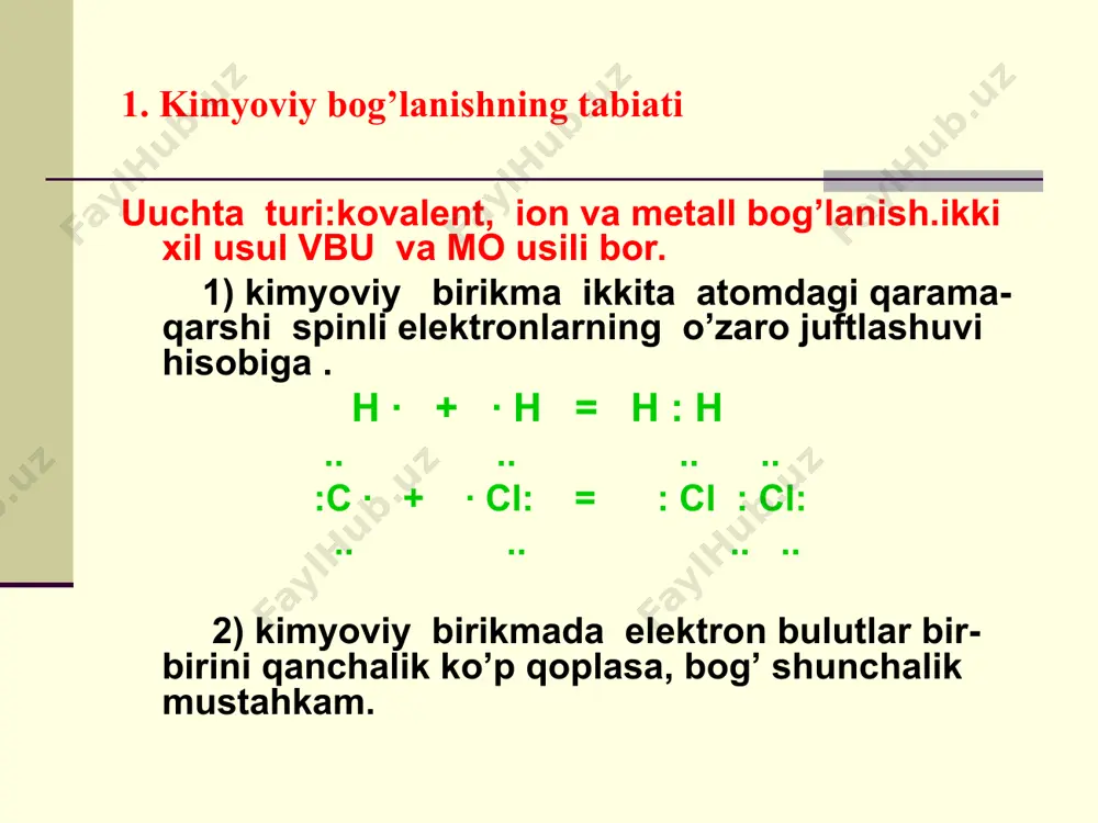 ki atom orbitallarning soni o’zgarmay qoladi. sp- gibridlanish. bef2 molekulasini 5-rasm. bef2 molekulasini hosil bo’lishida 2s- va 2p-orbitallarining qoplashi. 6- rasm. sp-gibrid orbitallarining alohida hosil bo’lish sxemasi. sp2 gibridlanish. bf3 2s va 2p orbitaldan 3 ta yangi sp2 gibrid orbitallar. burchak 120o bo’ladi. bcl3, so3, ch2=ch2 sp2 gibridlanish. sp3-gibridlanish. ch4 ; ccl4 c 1s va 3 ta p elektronga ega. markaziy atom sp3 gibridlangan. molekula tetraedrik tuzilishga ega, valent burchaklar bo’lsa 109o28’ ni tashkil etadi. 7-rasm. valent orbitallarining gibridlanishi. markaziy atomdagi bo’linmagan elektronlar juftining molekula tuzilishiga ta’siri. metan, suv va ammiak molekulalari valent burchaklar ch4 109o28 , nh3107,5o , h2o 104,5 o. 8-rasm. metan, suv va ammiak molekulasidagi kimyoviy bog’larning hosil bo’lishi. sp- bef2, co2 valent burchaklar 180o . ea3 burchak 120o . bf3, so3 . :ea2 so2, no2, h2so3 va hno2 sp3 (ccl4, cf4, ch4, hclo4, h2so4, h3po4 sp3 (nh3, hclo, hclo2, h3o+, pcl3) . 4. kimyoviy bog’ning asosiy …