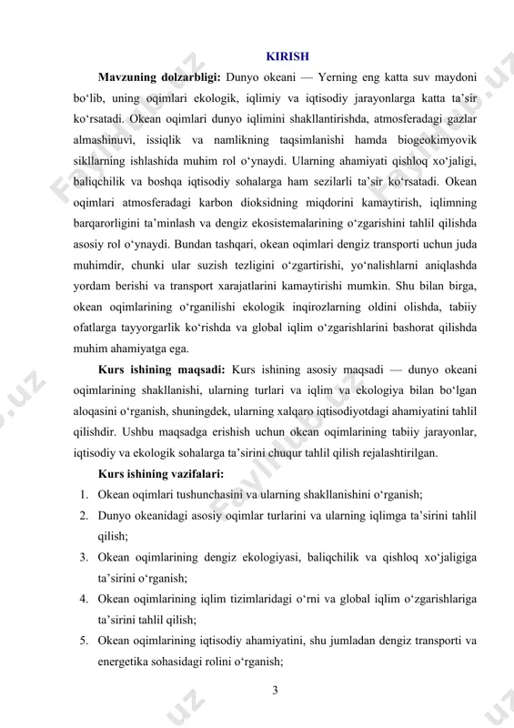 geofizika, klimatologiya, ekologiya, va iqtisodiyot sohalaridagi ilmiy tamoyillar asosida yondashiladi. okean oqimlarining ta’sirini hisoblashda matematik modellash, statistik tahlillar va simulyatsiya metodlari qo‘llaniladi. kurs ishining amaliy ahamiyati: dunyo okeani oqimlarini o‘rganish, global iqlim o‘zgarishlarini tushunishga, ekologik xavflarni kamaytirishga, tabiiy resurslardan samarali foydalanishga va iqtisodiy jarayonlarni optimallashtirishga imkon beradi. okean oqimlarining prognozlash imkoniyatlari dengiz transporti, baliqchilik, energetika va ekologik boshqaruv sohalarida samarali qarorlar qabul qilishda yordam beradi. shu bilan birga, okean oqimlarining kelajakdagi o‘zgarishlarini prognozlash, qishloq xo‘jaligi va dengiz ekosistemalarini barqaror rivojlantirishga xizmat qiladi. kurs ishining tarkibiy tuzilishi va hajmi: mazkur kurs ishi kirish, ikki bob, sakkiz bo‘lim, xulosalar, foydalanilgan adabiyotlar ro‘yxatidan tashkil topgan. i-bob dunyo okeani oqimlari: tushunchasi va xususiyatlari. 1.1. dunyo okeani oqimlarining umumiy tushunchasi va shakllanishi. dunyo okeani oqimlari — bu okeanlarda suvning katta massalarining harakati bo'lib, ular iqlim va ekologik tizimlarni shakllantirishda muhim rol o'ynaydi. oqimlar, asosan, suvning issiqlik, sho'rlik, tuzlik va boshqa fizik-kimyoviy xususiyatlarining o'zgarishi natijasida yuzaga …