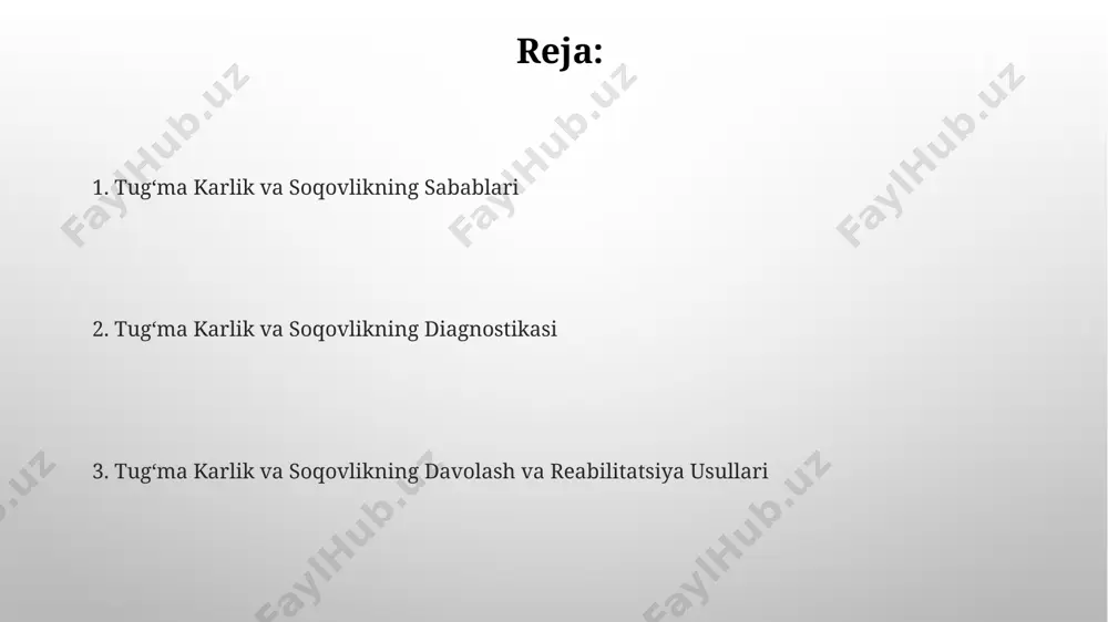 lgan hududlarda. diagnostika usullari diagnostika jarayonida nutq terapiyasi mutaxassislari tomonidan 3 yoshgacha boʻlgan bolalarda nutq rivojlanishini baholash uchun mahsus testlar, masalan, "reyven" testi kabi intellektni baholash sinovlari ham qoʻllaniladi. bolalarda tugʻma karlik va soqovlikni aniqlash uchun yangi tugʻilgan chaqaloqlarni skrining tekshiruvlaridan, xususan, oʻzbekistonning viloyatlardagi tugʻruqxonalarda oʻtkaziladigan otoakustik emissiya (oae) tekshiruvlaridan foydalaniladi. nutq terapiyasi nutq terapiyasi jarayonida, masalan, 5-7 yoshli bolalarda samarqanddagi ixtisoslashgan markazlarda 20 ga yaqin turli mashqlar qo‘llaniladi, bu esa ularning nutqini rivojlantirishga yordam beradi. farg‘ona viloyatida nutq terapiyasi bo‘yicha malakali mutaxassislar soni 30 dan oshib, bolalarga individual yondashuv bilan, har bir bolaga moslashtirilgan dasturlarni taklif qilish imkonini beradi. dori-darmonlarning taʼsiri 2000-yillardan boshlab o'zbekistonda tug'ma karlik va soqovlikni davolashda qo'llaniladigan genetik terapiya usullari soni 3 ga yetdi, ammo ularning samaradorligi turli omillarga bog'liq. ayrim antiviral dori-darmonlar, jumladan, 100 mg dozali asiklovir, tug'ma karlik va soqovlik rivojlanish xavfini kamaytirishga yordam beradi, ammo bu samarqanddagi tadqiqotlarda aniqlangan. rejalashtirish va oldini olish …