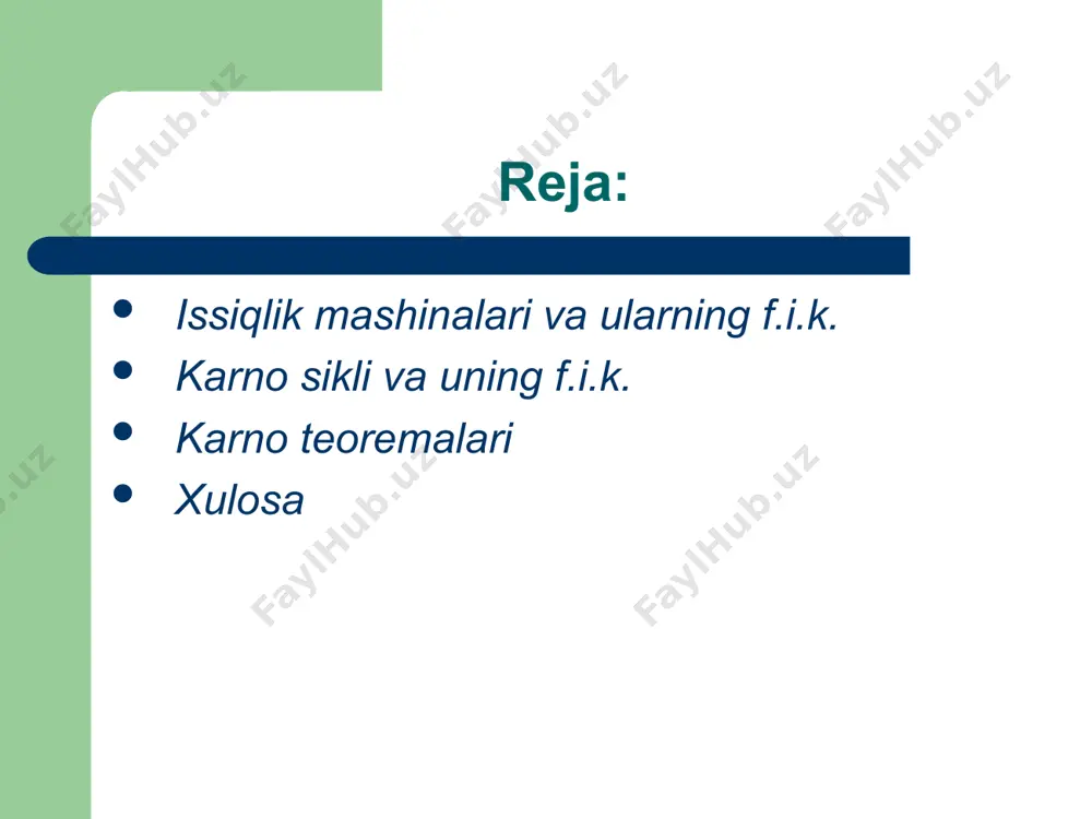 a majbur qilamiz: gaz izotermik kengayishi vaqtida isitgichdan q0 issiqlik miqdorini oladi va ish bajaradi. gaz 2-hajmdan boshlab, hajmi v2 bosim р2 ga teng bo`lgan adiabatik kengayishi imkonini beramiz va u 3-holatga yetib keladi bu holda gazning temperaturasi т1 gacha pasayadi. gaz 3-holatdan boshlab hajmi v2, bosim р2 bilan xarakterlanib, o`zgarmas temperatura т1 bilan siqamiz. bunday siqilish izotermik siqilish bo`lib, gazni hajmi v3 va bosimi р3 ga teng bo`lgan 4-holatni egallaydi. bu siqilishda gaz sovitgichga q1 issiqlikni beradi va ish bajaradi. nihoyat, gazni 4-holatdan boshlab adiabatik ravishda shunday siqishimiz, uning hajmi boshlang`ich v0 hajmni, р0 bosimni egallash va uning temperaturasi boshlang`ich temperaturagacha ko`tarilsin. bunday yonish sikl karno sikli bo`lib, uning f.i.k. bu yerda a - to`la sikl davomida bajarilgan ish. q0 - isitgichdan olingan issiqlik miqdori. q1 - sovutgichga berilgan issiqlik miqdori. agar bu protsessda: - т0 - деб gazning (18.1)-( 18.2) izotermik kengayishidagi temperaturasi. т1 - deb gazning (18.3)-( …