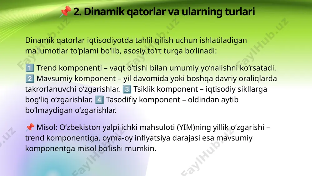 va real hayotiy misollar qadamli korrelyatsiya – vaqt o‘tishi bilan o‘zgaruvchilar orasidagi bog‘liqlikni baholash. tahlil qilish uchun ishlatiladigan usullar: pirsonga, spearmanga, kendallga asoslangan vaqt qatorlari korrelyatsiyasi. ✅ misol: o‘zbekistonda chet el investitsiyalarining har yili oshishi va yim o‘sishiga ta’siri. 📌 12. korrelyatsiyani vizuallashtirish usullari korrelyatsiyani vizuallashtirish orqali tushunarliroq va aniqroq tahlil qilish mumkin. ko‘p ishlatiladigan usullar: 📊 heatmap (issiqlik xaritasi) 📈 acf grafikasi 📉 scatter plot (nuqtali diagramma) yim va tashqi savdo balansi o‘rtasidagi bog‘liqlikni heatmap orqali tahlil qilish. inflyatsiya va ishsizlik darajasi o‘rtasidagi bog‘liqlikni scatter plot orqali vizuallashtirish. ✅ misol: 📊 vaqt qatorlari korrelyatsiyasini vizuallashtirish: heatmap acf (autocorrelation function) grafiklari scatter plot ✅ misol: o‘zbekiston import va eksport hajmlari o‘rtasidagi bog‘liqlikni heatmap orqali ko‘rsatish. 13. korrelyatsiyani vizuallashtirish usullari 📌 ekonometrik model qurish uchun python kodi: python copyedit import pandas as pd import seaborn as sns import matplotlib.pyplot as plt df = pd.read_csv("economic_data.csv") corr_matrix = df.corr() sns.heatmap(corr_matrix, annot=true, cmap="coolwarm") plt.show() …