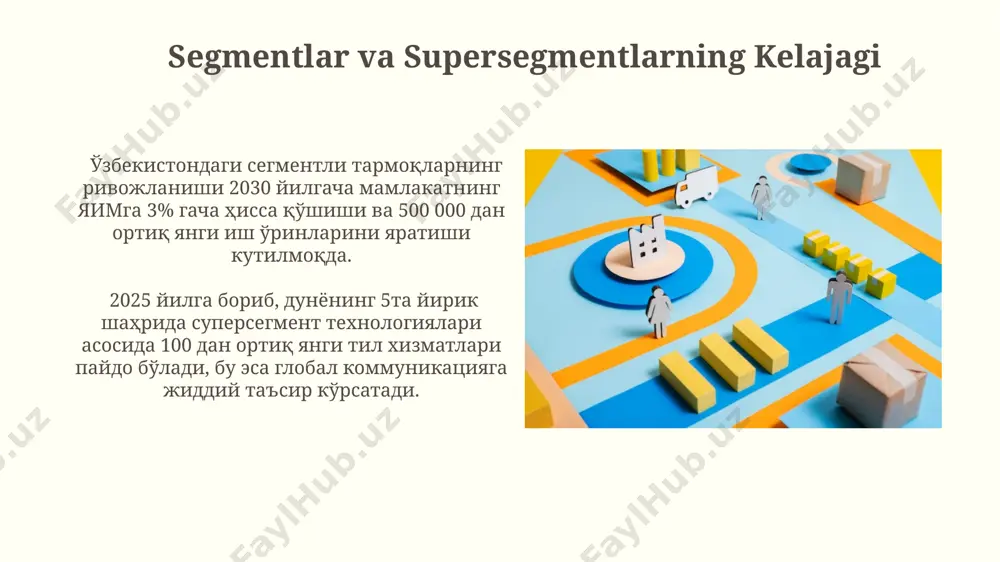 entlar fonetik transkripsiya va avtomatik nutqni tanib olish tizimlarida, masalan, 5-gramma modellari yordamida muhim rol oʻynaydi. tovushning davomiyligini, ohangini va urgʻusini oʻrganishda supersegmentlar muhim ahamiyatga ega boʻlib, masalan, 1000 dan ortiq soʻzdan iborat korpusda, aqshning kaliforniya universiteti olimlarining tadqiqotida aniqlangan. supersegmentlarni tahlil qilish usullari supersegmentlarni tahlil qilishda klastırlash usullari, masalan, k-means algoritmi yordamida 5 ta alohida segmentni aniqlash va ularning o'zaro bog'liqlik darajasini toshkent shahri aholisi bo'yicha o'rganish samarali natijalar beradi. 2023-yilgi ma'lumotlarga asoslanib, regioanl supersegmentlarni o'rganishda, 3 xil demografik ko'rsatkich (yosh, jinsi, daromad) va 2 ta geografiya (farg'ona vodiysining 3 ta viloyati) hisobga olinib, tahlil o'tkazish mumkin. segmentlarni tahlil qilish usullari geografik segmentatsiya orqali, 3 ta mintaqa (samarqand, buxoro, xorazm) bo'yicha mijozlarning xarid qilish odatlarini tahlil qilib, har bir mintaqaning o'ziga xos xususiyatlarini 20% farq bilan aniqlash mumkin. rfm (recency, frequency, monetary) tahlili yordamida 4 turdagi mijozlar segmentini (yuqori qiymatli, o'rtacha, kam qiymatli va yo'qolgan) ajratib, ularning har biriga …