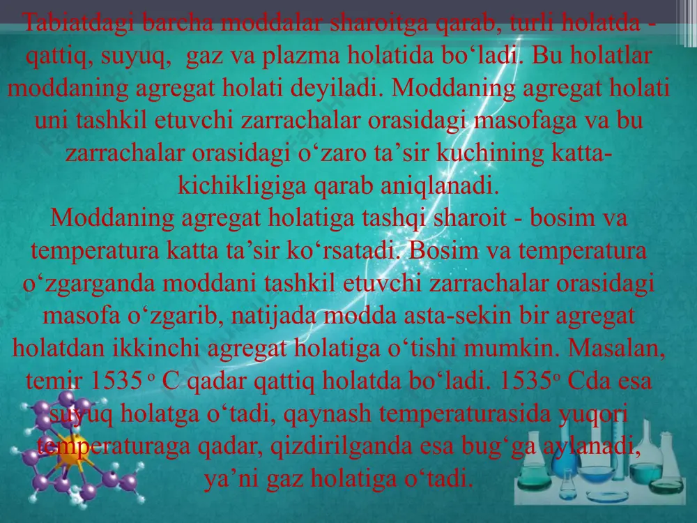 ma’lum tipi muvofiq keladi. bu panjaralarning har biriga kristallik qattiq jismlarning quyidagi tipi muvofiq keladi. molekulyar kristall panjarali moddalarda kristall panjara tugunlarida neytral molekulalar bo‘ladi. agar molekulalar qutblangan bo‘lsa, ular bir-biriga qarama-qarshi zaryadlangan qutblar bilan yondoshib turadi. molekulalar qutblanmagan bo‘lganida ham ular muayyan tartibda joylashgan bo‘ladi. molekulalarning bunday joylashuvini qutichaga to‘ldirib qo‘yilgan stol tennisi sharchalarining joylashuviga o‘xshatish mumkin. bunday kristall panjarada molekulalar o‘zaro van-der-vals kuchlari tufayligina tortishib turadi. shu sababli molekulyar panjara ancha bo‘sh va unda molekulalar o‘z xossalarini saqlab qolgan bo‘ladi. azot, vodorod, kislorod kabi gazlar past temperaturadan qattiq holatga o‘tganida molekulyar kristall panjara hosil qiladi. oson suyuqlanadigan ko‘pchilik organik moddalar kristallari ham molekulyar panjarali bo‘ladi. kristall panjaraning ikkinchi tipi ionli kristall panjaradir. ionli kristall panjara ionlardan tarkib topgan bo‘ladi. masalan, natriy xlorid (osh tuzi) kristall panjarasini olib ko‘raylik. unda har qaysi natriy ionli oltita xlor ioni bilan, har bir ioni esa oltita natriy ioni bilan qurshab olingan. natriy …