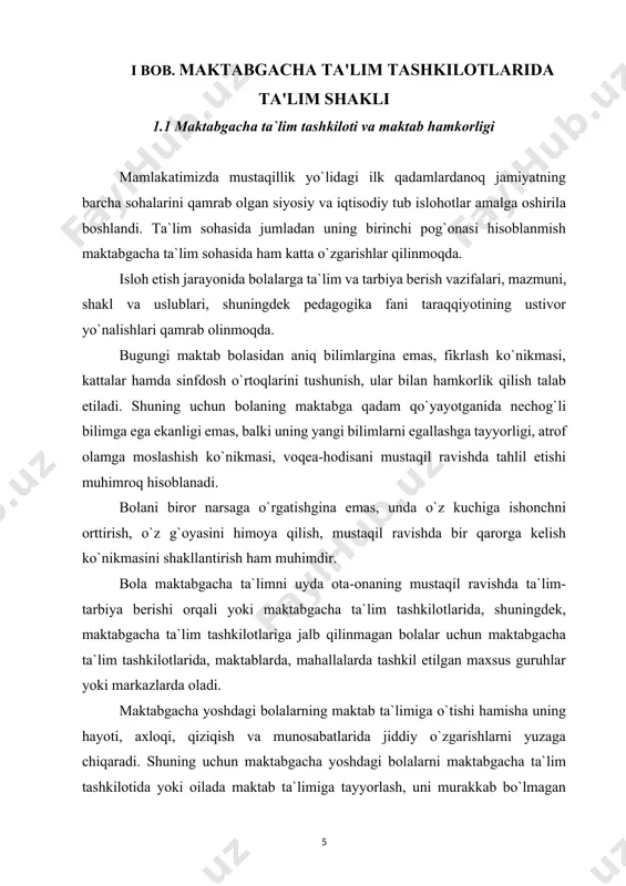 ladi. bunday tanishtiruv moslashuv davrining jiddiy qiyinchiliklaridan xalos bo`lishga yordam beradi. shunga binoan, mtt bilan maktab o`rtasidagi bog`liqlik bir tomondan, bolalarni maktab ta`limi talablariga javob beradigan darajada umumiy rivojlantirib va odobli qilib tarbiyalagan holda maktabga o`tkazishni, ikkinchi tomondan, o`qituvchining katta maktabgacha yoshdagi bolalarning egallagan bilim, malaka sifatlariga va tajribalariga tayanib, ulardan o`quv-tarbiyaviy jarayonda samarali foydalanishni taqozo etadi. mtt bilan maktab o`rtasidagi uzviy bog`liqlik katta maktabgacha yoshdagi bolalar va maktabning boshlang`ich sinf o`quvchilariga ta`lim-tarbiya berish sharoitini yakinlashtirishga yordam beradi. shunday ish tutilganda bolalarning maktab sharoitiga moslashishi ancha yengillik bilan o`tadi. bolalar maktab sharoitiga tabiiy moslashib ketadilar, bu esa o`z navbatida maktabda o`qishning birinchi kunidan boshlab ta`lim-tarbiya ishining samarasini oshiradi. zero, maktabgacha ta`lim tashkiloti xodimlari birinchi sinfda bolalar oldiga qo`yiladigan talablarni yaxshi bilishlari, maktabga tayyorlov guruhidagi bolalarni shunga muvofiq ravishda ta`lim olishga tayyorlashlari kerak. maktab bilan mtt o`rtasidagi uzviy aloqa murakkab va ko`p tomonlama tuzilishga ega. unda ta`lim-tarbiyaviy ishlarning mazmuni, metod va …
