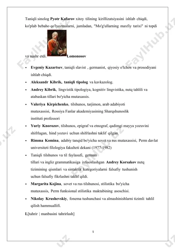 uchun orfografiyani rivojlantirishda kashshof bo'lgan. · maks vasmer, etakchi hind-evropa, fin-ugr va turkiy etimolog, rus etimologik lug'ati muallifi. · viktor vinogradov, tilshunos va filolog, rus tili instituti asoschisi · eski slavyan cherkovi atamasini yaratgan aleksandr vostokov rus grammatikasining kashshof tadqiqotchisi ostromir injilini (eng qadimgi sharqiy slavyan kitobi) kashf etdi. z[tahrir | manbasini tahrirlash] · andrey zaliznyak, ruscha fleksiyaning keng qamrovli tizimli tavsifi muallifi, qadimgi novgorod lahjasi va qayin po'stlog'i hujjatlarining taniqli tadqiqotchisi igorning yurishi haqidagi ertakning haqiqiyligini isbotlagan. · ll zamenhof , esperanto ixtirochisi, u eng keng tarqalgan xalqaro yordamchi sun'iy til xvi asrning oxirlarida (1596) lavrentiy zizaniyning slavyan grammatikasiga oid asari nashr qilindi. 1619-yilda meletiy smotritskiyning slavyan-rus grammatikasi nashr qilindi. xviii asrning oxirida (1787) rossiya fanlar akademiyasi simon pallasning oʻz davri uchun buyuk hisoblangan «barcha tillar va shevalarning qiyosiy lugʻati» nomli tadqiqotini chop ettirdi. bu asarning yaratilishiga yevropa, osiyo va afrika qit’alarining 272 ta tili asos boʻlib xizmat qildi. …