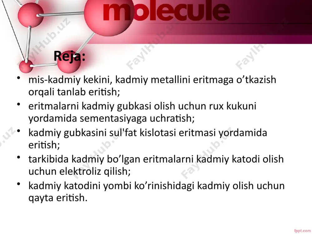atlari tushuntirildi. fizik va kimyoviy xossalari kadmiyning kimyoviy belgisi «cd» dir. uning atom raqami 48, vazni esa 112,41. bu davriy tizimning 2-b guruhidagi metall element. uning erish nuqtasi 321 °c, qaynash harorati 767 °c. uning zichligi 8,65 g/cm³. kumush oq va mavimsi rangga ega, tamsiz va hidsiz. bu pichoq bilan chizish uchun etarlicha yumshoq oraliq metallidir. uning kristall tuzilishi olti burchakli. bu kimyoviy xususiyatlar bo’yicha rux va simob o’rtasidagi o’xshashliklarni ko’rsatadi. ba’zi birikmalar fosforesans va lyuminestsentsiya xususiyatlarini ko’rsatadi. u ishqalanish va oksidlanishga yuqori qarshilikka va yuqori elektrmanfiylikga ega. uning birikmalarida «2+» qiymatga ega. havoda qizdirilsa, u qizil alanga bilan yonadi va quyuq tutun va kadmiy peroksid hosil qiladi. nam havoda asta oksidlanadi. oksid qatlami metallni to’liq qoplaydi. uning bug’lari monatomik va to’q sariq rangga ega. u asoslarda erimaydi. u kislotalar bilan tezda reaksiyaga kirishadi va tuzlar hosil qiladi. ba’zi sulfatlar bilan qo’sh tuzlar hosil qiladi. xlorid, nitrat va sulfat tuzlari …