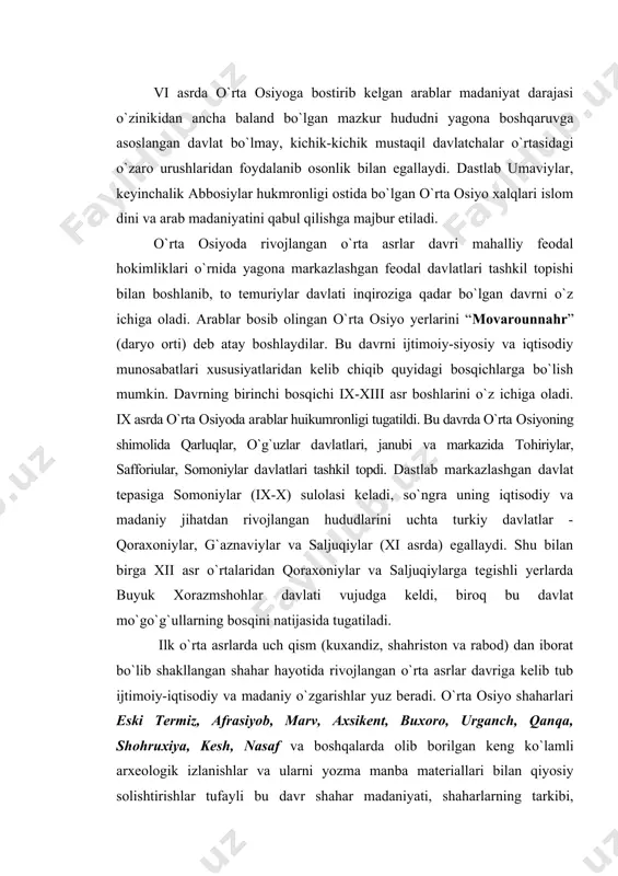 nasaf va boshqalarda olib borilgan keng ko`lamli arxeologik izlanishlar va ularni yozma manba materiallari bilan qiyosiy solishtirishlar tufayli bu davr shahar madaniyati, shaharlarning tarkibi, ularning tevarak – atrof aholi punktlari bilan o`zaro iqtisodiy va madaniy aloqalari, shaharlarning hunarmandchilik va savdo-sotiq salohiyati, karvon yo`llarining yo`nalishi, ichki va tashqi bozor, har bir shahar hayotida ustivor hisoblangan ishlab chiqarish tarmoqlari o`rganiladi. o`rta osiyo shaharlari o`rta asrlarning rivojlangan davrida juda jo`shqin taraqqiy etadi. manbalarga ko`ra, ix-x asrlarda shahar aholisi movarounnahr umum aholi sonining 25-30% ni tashkil etgan. xi asrdan shaharlarning ijtimoiy-iqtisodiy qiyofasi o`zgaradi. ular to`laligicha hunarmandchilik va savdo-sotiq markazi qiyofasini olgan. shuningdek, shaharlarning u yoki bu hunarmandchilik tarmoqlari bo`yicha ixtisoslashuvi jadallashadi. masalan, qadimgi farg`onaning poytaxt bo`lgan axsikent, toshkent vohasining ohangaron daryosi havzalarida qad ko`targan qator shaharlarda - tunkent, namudlig`, dahketda metallurgiya sanoati jadal rivojlanadi. shaharlar maydoni kengayadi, shahriston va uning atrofida joylashgan rabodlarda iqtisodiy hayot taraqqiy etdi. somoniylarning mamlakatni boshqaruv tizimidagi markazlash-tirish siyosati uning …