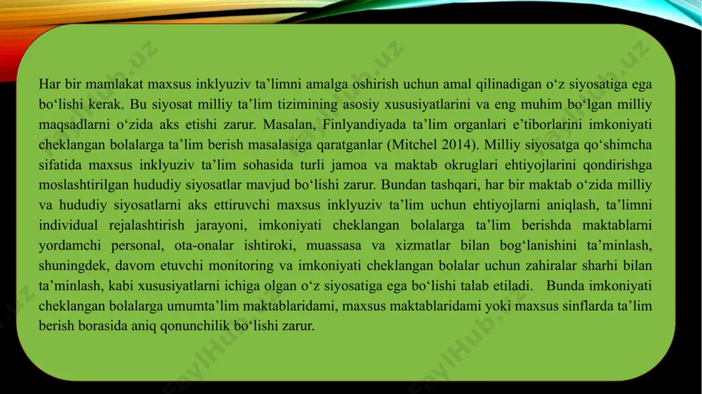 g to‘laqonli mukammal ta’lim olishlarini ta’minlash maqsadida 1994 yilning 7-10 iyun kunlarida ispaniya davlatining salamanka shahrida ikkinchi yirik umumjahon konferensiyasi bo‘lib o‘tdi. mazkur konferensiya «salamanka dekloratsiyasi va alohida yordamga muhtoj bolalar ta’limining kelgusida ijrosini ta’minlash ramkasi» deb atalib, shu yili «salamanka bayonoti va ish faoliyati rejasi» nomi bilan uning ish mazmuni nashr etildi. mazkur xujjatda ta’kidlanishicha: «har bir bola ta’lim olish va o‘ziga muvofiq darajada bilim olish huquqiga ega». salamanka bayonoti va uning ish faoliyat rejasida «ta’lim hamma uchun» shiori ilgari surildi. «ta’lim hamma uchun» shiorida nogiron, rivojlanishida kamchiligi bo‘lgan bolalarning ham tengxuquqlik asosida ta’lim olishlari tushuniladi. salamanka bayonoti va ish faoliyat rejasida rivojlanishida kamchiligi bo‘lgan bolalarga umumta’lim tizimi sharoitida inklyuziv ta’lim berish lozimligi alohida ta’kidlanib, har bir bolaning boshqalarnikiga o‘xshamagan o‘z ehtiyojlari mavjudligi, shuningdek, har bir bola yashash joyiga yaqin bo‘lgan maktabga borish huquqi mavjudligi alohida ta’kidlab o‘tilgan. rossiyada inklyuziv ta’limning keng tarqalgan modeli ommaviy maktablardagi maxsus sinflardir. ular …