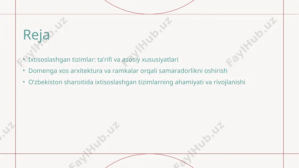 sharoitida arxitektura va ramkalar orqali tizimlarning iqtisodiy va texnik samaradorligini rivojlantirish 01 mahalliy ehtiyojlarga moslashtirish o‘zbekiston sharoitida arxitektura va ramkalar ixtisoslashgan tizimlarni mahalliy iqtisodiy va texnik ehtiyojlarga moslashtirish orqali samaradorlikni oshiradi, resurslarni tejaydi. 02 innovatsion texnologiyalarni joriy etish zamonaviy texnologiyalar va innovatsiyalarni arxitektura va ramkalar bilan birlashtirish, tizimlarning funksionalligini va kengaytirilishini ta'minlaydi, raqobatbardoshlikni oshiradi. 03 barqaror rivojlanishni qo‘llab-quvvatlash mahalliy ishlab chiqarish va ekologik talablarni inobatga olgan arxitektura orqali, tizimlarning iqtisodiy va texnik barqarorligini mustahkamlash mumkin, bu uzoq muddatli rivojlanganlikni ta'minlaydi. o'zbekiston sharoitida ixtisoslashgan tizimlarning iqtisodiy rivojdagi roli mahalliy iqtisodiyotga ta'siri o'zbekiston sharoitida ixtisoslashgan tizimlar mahalliy ishlab chiqarish va xizmatlarni optimallashtiradi, iqtisodiy rivojlantirishga sezilarli hissa qo'shadi. texnologik rivojlanish va innovatsiya maxsus tizimlar yangi texnologiyalarni joriy qilishda muhim rol o'ynaydi, ishlab chiqarish va boshqaruv jarayonlarini modernizatsiya qilish imkonini beradi. raqobatbardoshlikni oshirish ixtisoslashgan tizimlar yordamida mamlakatda raqobatbardosh mahsulotlar va xizmatlar ishlab chiqarilishi rivojlanadi, eksport imkoniyatlari kengayadi. mahalliy ehtiyojlarga moslashtirilgan arxitektura va ramkalar orqali …
