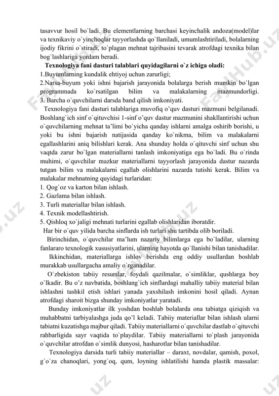 aktabda eng uzoq vaqt o’tiladigan o’quv fanlardan biri bo’lib, mehnat ta’limi fani o’qituvchisi rahbarligida o’quvchilar tomonidan bajariladigan aqliy va jismoniy harakatlar-mehnat faoliyati jarayonidan iborat bo’lib, yakuniy natijada ularning mehnat qurollari, vositalari va jarayonlari haqida bilimlarni hamda ma’lum sohadagi ishlab chiqarish mehnatini bajarish uchun zarur amaliy ko’nikma va malakalarini egallashlariga ongli ravishda kasb tanlashga, hamda jamiyat va shaxs farovonligi yo’lida mehnat faoliyatiga qo’shilishlariga imkon beruvchi shaxsiy sifatlarini va tafakkurlarini rivijlantirishga qaratilgan o’quv fanidir. ii-iii bosqich yuqori sifatlardagi mehnat ta’limi darslari kiradi, ya’ni ii bosqich 5-7 sinflar turkumida, iii bosqich 8-9 sinflar kesimida amalga oshiriladi. umumiy o’rta ta’lim maktablarida mehnat ta’limi darslarini o’qitishda o’qituvchi tomonidan o’z oldiga qo’yilgan asosiy vazifa o’quvchilarning jismoniy tomondan to’g’ri rivojlanishini ta’minlash, ijodiy qobiliyatlarini tarkib toptiradi. bundan esa quyidagi maqsad va vazifalar kelib chiqadi: - o’quvchilarda umummehnat ko’nikma va malakalarini shakllantirish; - ularning qiziqishlari; - qobiliyatlari; - kasbiy moyillikka ko’ra, kasb-hunar turlarini tanlashga asos bo’ladigan hislatlari; - umummehnat …