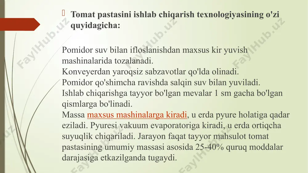 . kelajakda katta miqdordagi tovarlarni chiqarish orqali mintaqaviy savdo bozoriga kirishni xohlaysizmi? keyin siz tayyor chiziqsiz qilolmaysiz - masalan, funktsional jihatdan juda yaxshi. to'g'ri jihozni tanlashda, o'zingizning moliyaviy imkoniyatlaringizga va bozorga etkazib berishni rejalashtirgan tayyor mahsulot hajmiga e'tibor bering. to'liq avtomatlashtirilgan liniyani sotib olish tomat pastasi ishlab chiqarish vazifasini ancha soddalashtiradi. umuman olganda, tomat pastasi ishlab chiqaradigan zamonaviy yo'nalish quyidagi asosiy jihozlardan iborat: miser-homogenizator - 250 000 rubldan. chopper - 800000 rubldan. vakuumli evaporatator - 300 000 rubldan. asosiy bloklardan tashqari, qatorga boshqa uskunalar - dozalash, tashish va qadoqlash kiradi. buning uchun siz kamida 1 000 000 rubl ko'proq sarflaysiz.pomidorlardan tomat pastasini ishlab chiqarish uchun uskunalarning yakuniy narxi uning unumdorligi, quvvati, funksionalligi va avtomatlashtirish darajasiga bog'liq bo'ladi. qancha yirik korxona ochsangiz, shuncha qimmat bo'linmalar kerak bo'ladi. agar siz qo'llab-quvvatlanadigan liniyani sotib olsangiz, pulni tejashingiz mumkin. ammo bu erda mashinalarni tanlashga ko'proq e'tibor bering - likvid bo'lmagan aktivlarni sotib olish imkoniyati …