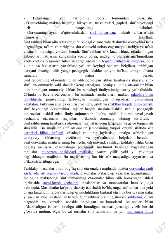 ahalla, o’quv bilim yurti hamkorligi" yo’nalishidagi shaxs tarbiyasida oila, ota-ona, mahalla, o’quv bilim yurtining asosiy vazifalarini mazmunan yangilab hayotga tatbiq etishni taqozo qiladi. sinf rahbarining oila va jamoa bilan olib boradigan faoliyati. maktabning oila va keng jamoatchilik bilan aloqasi sinf rahbari orqali amalga oshiriladi. sinf rahbari ota-onalar bilan olib boradigan ishlariga quyidagi vazifalarni hal qiladi: 1. ota-onalar bilan yaqindan aloqa o’rnatadi va aloqani doimo mustahkamlab boradi; 2. o’quvchiga nisbatan maktabning va oilaning yagona talablar qo’yishga erishadi; 3. sinf ota-onalar jamoasini tashkil etib, ularning sinfdagi tarbiyaviy ishlariga faol qatnashishlarini ta’minlaydi; 4. ota-onalar o’rtasida pedagogik bilimlarni tarqatadi va ularning pedagogik madaniyatini yuqori darajaga ko’taradi; 5. sinfga otaliq qilayotgan tashkilotlar, oila va maktabga yordam beruvchi tashkilotlar bilan aloqa o’rnatadi va ularni sinfdagi tarbiyaviy ishlarga jalb qiladi. sinf rahbarining o’quvchini yaxshi tarbiyalashdagi oila va jamoatchilik bilan hamkorligining muvaffaqiyati ularning bola bilan qilayotgan ishlari haqida bir-birlariga qanchalik ko’p, aniq va muntazam xabar berib turishlariga bog’liq. …