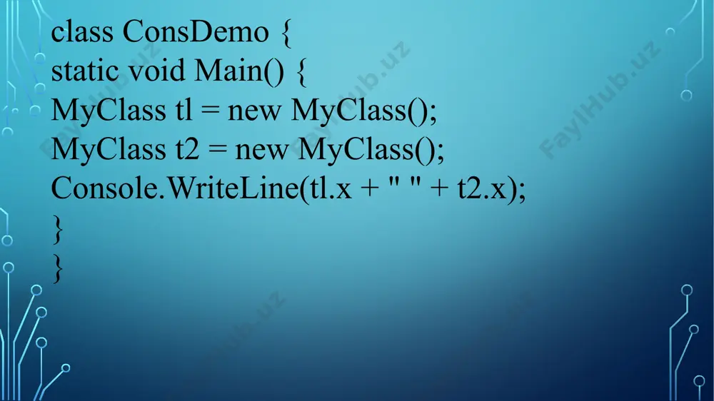 omi ko’rsatilishi kerak. masalan, console.writeline(). sinfda statik maydonlar yaratganimizda, u aniq bir qiymatni to’g’ridan-to’g’ri qabul qilishi kerak. masalan, static miqdor=0.12; public class car { public static int numberofcars = 0; // static o‘zgaruvchi public car() { numberofcars++; } } car car1 = new car(); car car2 = new car(); console.writeline(car.numberofcars); // natija: 2 konstruktorni bir necha marta qayta joriy etilganda, har safar obyektlar yaratiladi. statik konstruktor istalgan statik ma’lumotlarni initsializatsiya qilish uchun yoki faqat bir marta joriy etiladigan harakatni aniqlash uchun foydalaniladi. u birinchi nusxa yaratilishidan oldin yoki statik a’zoga birinchi murojaat bo’lganda avtomatik ravishda chaqiriladi. class simpleclass{ // statik o'zgaruvchi dastur ishlashi vaqtida initsializatsiya qilinishi talab qilingan holda: static long dt; /*statik konstruktor istalgan konstruktordan oldin faqat bir marta chaqirilganda yoki birinchi dt o'zgaruvchisi uchgaraganda sinfning nusxasi yaratiladi*/ static simpleclass() { dt = datetime.now.ticks; } } agar sinfning barcha a’zolarini statik holatda bo’lishini istasak, u holda sinfni e’lon qilishda …