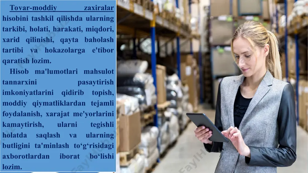 ri hisobga olinadi. shu yerda ta'mirlash zavodlarida va texnik servis punktlarida korxonaning ta'mirlash bo‘limlarida qilingan (yaratilgan) agregatlar, dvigatellar, uskunalar, to‘liq komplektli mashinalarning almashish fondi harakati ham hisobga olinadi. * 1050 "qurilish materiallari" schyotida qurilish konstruksiyalari va detallari, bino va inshootlarning qismlari, konstruksiya va detallarini qurish va pardoz qilish, qurilish detallarini tayyorlash, qurilish va montaj ishlarida ishlab chiqarish ehtiyojlari uchun ishlatiladigan, shuningdek boshqa ehtiyojlar uchun chetdan sotib olingan va o‘zida ishlab chiqilgan qurilish materiallarining mavjudligi va harakati hisobga olinadi. 1060 "idish va idishbop materiallar" schyotida idishlarning barcha turlari (xo‘jalik inventari sifatida foydalaniladigan idishlardan tashqari), shuningdek idishlar tayyorlash va ta'mirlash uchun mo‘ljallangan materiallar va detallar (yashiklarni yig‘ish uchun detallar, bochka taxtasi, temir gardish va boshqalar)ning mavjudligi va harakati yuritiladi. yuklanadigan mahsulotlarning butligi va saqlanishini ta'minlash maqsadida vagonlar, barjalar, samolyotlar, kemalarni qo‘shimcha jihozlash uchun mo‘ljallangan buyumlar 1010 "xom ashyo va materiallar" schyotida hisobga olinadi. * 1070 "chetga qayta ishlash uchun berilgan materiallar" schyotida …