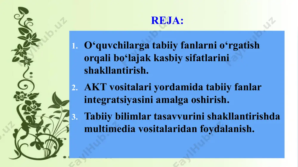 g pedagogik mahorati -ishga bo‘lgan fidoiylik, bilim va tajribalarning birikmasi bo‘lib, pedagog faoliyatining eng yuqori cho‘qqisidir. chunki u o‘ziga ajratilgan juda qisqa vaqt ichida eng yuqori mukammal natijaga erishadi. quyidagilar mutaxassisning pedagogic ishga tayyorgarligining zarur va yetarli darajasini ta’minlaydigan asosiy talablar hisoblanadi: - o‘qitish (dars berish) mahorati; tarbiyalash maxorati; o‘quv – tarbiya jarayonida gumanitar omilni ta’minlaydigan shaxsiy sifatlar; ta’lim olayotganlarning bilimlarini xolisona nazorat qilish va baholash mahorati hozirgi kunda pedagoglar o‘quv va pedagogik jarayonlarni tashklil etish va boshqarishning innovatsion usullarini bilishi, balki ularni yaratishi lozim. yuqoridagilarga qo‘shimcha ravishda bugungi zamon talablari asosida: ta’lim mazmunini o‘zlashtirilishi asosida yangi va samarali innovatsion texnologiyalarini yaratish hamda joriy etish ko‘nikmasi; zamonaviy axborot kommunikatsiya texnologiyalaridan foydalana olish ko‘nikmasi; fanga oid elektron axborot vositalarini bilish va ulardan foydalana olish ko‘nikmasi; elektron axborot vositalarini yarata olish va ulardan dars jarayonida samarali foydalanish ko‘nikmalarini ham kiritish bugungi kunning dolzarb masalalaridan biri hisoblanadi. o‘quvchilarning bolajak kasbiy sifatlarini shakllantirishda nazariy …