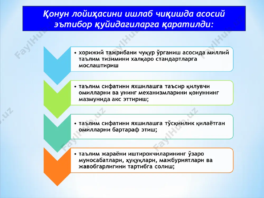 ура фан доктори (doctor of science (dsc) илмий даражасига даъвогар изланувчилар учун ишлаб чиқаришдан ажралган ҳолда ташкил этиладиган олий малакали илмий ва илмий-педагог кадрлар ихтисослиги буйича олий таълимдан кейинги таълим шакли ҳисобланади. мустақил изланувчилик фалсафа доктори (doctor of philosophy (phd) ёки фан доктори (doctor of science (dsc) илмий даражаларига даъвогар изланувчилар учун ишлаб чиқаришдан ажралмаган ҳолда ташкил этиладиган олий малакали илмий ва илмий-педагог кадрлар ихтисослиги бўйича олий таълимдан кейинги таълим шакли ҳисобланади. илмий ва илмий-педагогик кадрлар тайёрлаш, илмий даражалар ва илмий унвонлар бериш тартиби, шунингдек ҳарбий, тиббиёт ва бошқа таълим ташкилотларида олий таълимдан кейинги таълим олиш хусусиятлари қонун ҳужжатларида белгиланади. олий таълимдан кейинги таълимнинг давом этиш муддати қонун хужжатларида белгиланади. 12-модда. олий таълимдан кейинги таълим таълим олиш шакллари қуйидагилардан иборат: ишлаб чиқаришдан ажралган ҳолда таълим олиш (кундузги); ишлаб чиқаришдан ажралмаган ҳолда таълим олиш (сиртки, кечки, масофавий); дуал таълим; 15-модда. таълим олиш шакллари масофавий таълим ўқув режалари ва ўқув дастурларига мувофиқ …
