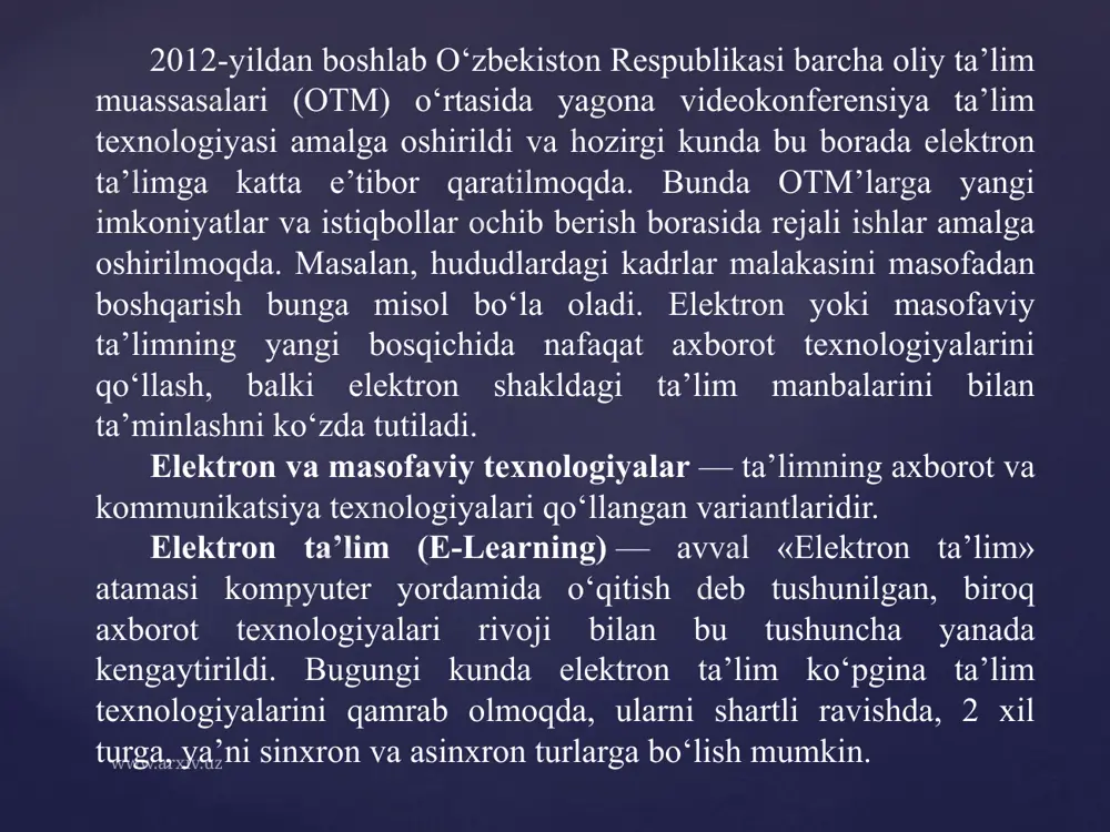 i va baholovchi dasturlar, zga xizmatchilarning bu individual ish rejalari tuzuvchi, mashg‘ulotlarga, baholashga, rejalar bajarilishini nazorat qiluvchi, moliyaviy hi-soblarni amalga oshiruvchi va reyting daftarchalarni shakllantiruvchi tashkiliy didaktik robotlardir. elektron ta’limiy manbalarga kirish talabaning saytdagi «shaxsiy studiya» orqali amalga oshiriladi. o‘quv jarayonini ma’murlash iis «nur» intellektual axborot tizimi orqali amalga oshiriladi. bu tizim har bir talabaning o‘qishga kirganidan to diplom olgungacha qadar bo‘lgan vaqtdagi o‘qishini kuzatib boradi va nazorat qiladi, baholash va akademik ma’murlashda talabani elektron tarzda identifikatsiyalaydi. respublikamiz ta’lim muassasalarining barcha bo‘g‘inlarida takomillashgan tamoyillarga asoslangan yuqorida keltirilgan tizimlarni joriy etsak, o‘ylaymanki ta’lim jarayonida olib borilayot-gan islohatlarning namunali, samarali ijrosining bir bo‘lagi bo‘lib xizmat qiladi. adabiyotlar 1. karimov i.a. barkamol avlod - o‘zbekiston taraqqiyotining poydevori. – t.: sharq, 1998. b. 4-19. 2. o‘zbekiston respublikasining «ta‘lim to‘g‘risida»gi qonuni. barkamol avlod – o‘zbekiston taraqqiyotining poydevori. – t.: 1998. b. 20-29. 3. kadrlar tayyorlash milliy dasturi. barkamol avlod – o‘zbekiston taraqqiyotining poydevori. – t.: …
