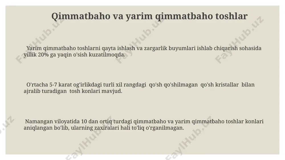 ri (tosh, qum, shag‘al) katta zaxiraga ega boʻlib, viloyat iqtisodiyotining muhim qismini tashkil etadi. namangan viloyatida 100 million kub metrdan ortiq tabiiy gaz zaxiralari mavjudligi taxmin qilinmoqda, ammo bu zaxiralar hali toʻliq oʻrganilmagan va ulardan samarali foydalanish uchun qoʻshimcha tadqiqotlar talab etiladi. viloyatda oltin, kumush va mis kabi nodir metallarning kichik konlari mavjud bo'lib, ularning sanoat miqyosida qazib olinishi geologik tadqiqotlar natijalariga bog'liq. taxminiy zaxira hajmi hali aniqlanmagan. e'tiboringiz uchun rahmat @taqdimot_robot