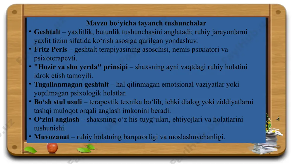 natijada, u ijtimoiy hayotda faol, ruhiy jihatdan sog‘lom va mas'uliyatli inson sifatida shakllanadi. shu sababli geshtalt terapiyasining nazariy va amaliy jihatlarini o‘rganish nafaqat psixologlar, balki keng jamoatchilik uchun ham muhimdir. foydalanilgan adabiyotlar ro‘yxati perls f., hefferline r., goodman p. gestalt therapy: excitement and growth in the human personality. – new york: julian press, 1951. clarkson p. gestalt counseling in action. – london: sage publications, 2004. corey g. theory and practice of counseling and psychotherapy. – belmont: cengage learning, 2016. холмурадова м. psixologik maslahat va psixoterapiya asoslari. – toshkent: o‘zbekiston nashriyoti, 2021. бакирова с. zamonaviy psixoterapiya yo‘nalishlari. – toshkent: tdpu nashriyoti, 2019. e’tiboringiz uchun rahmat! image1.png image2.png image3.png image4.png image5.png image6.png image7.png image8.png image9.png image10.png image11.png image12.emf /docprops/thumbnail.jpeg