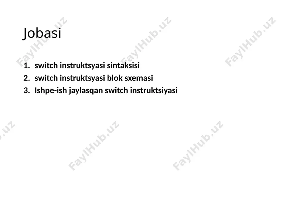 _sari, sari, jasil, kok, binapshe_guli}; renler ren; //... switch(ren') { case qizil: case toq_sariq: case sari: cout<<”i'ssi' gamma saylanadi'. \n”; break; case jasil: case kok: case binapshe_guli: cout<<”suwi'q gamma tan'landi'.\n”; break; default: cout<<”woq jay bunday ren’ge iye yemes. \n”; } misal 10 if (m == 1) cout << “yanvar"; if (m == 2) cout << “fevral"; ... if (m == 12) cout << “dekabr"; switch ( m ) { case 1: cout << "yanvar"; break; case 2: cout << "fevral"; break; ... case 12: cout << "dekabr"; break; default: cout << "qa’te"; } misal 11 switch ( m ) { case 1: cout << "yanvar"; case 2: cout << "fevral"; case 3: cout << "mart"; default: cout << "qa’te"; } break bolmasa: fevralmartqa’te m = 2 bolsa: misal 12 char c; c = getch(); switch(c) { case 'а': cout << "antipola\n"; cout << "anapa\n"; break; ... case 'я': cout << …