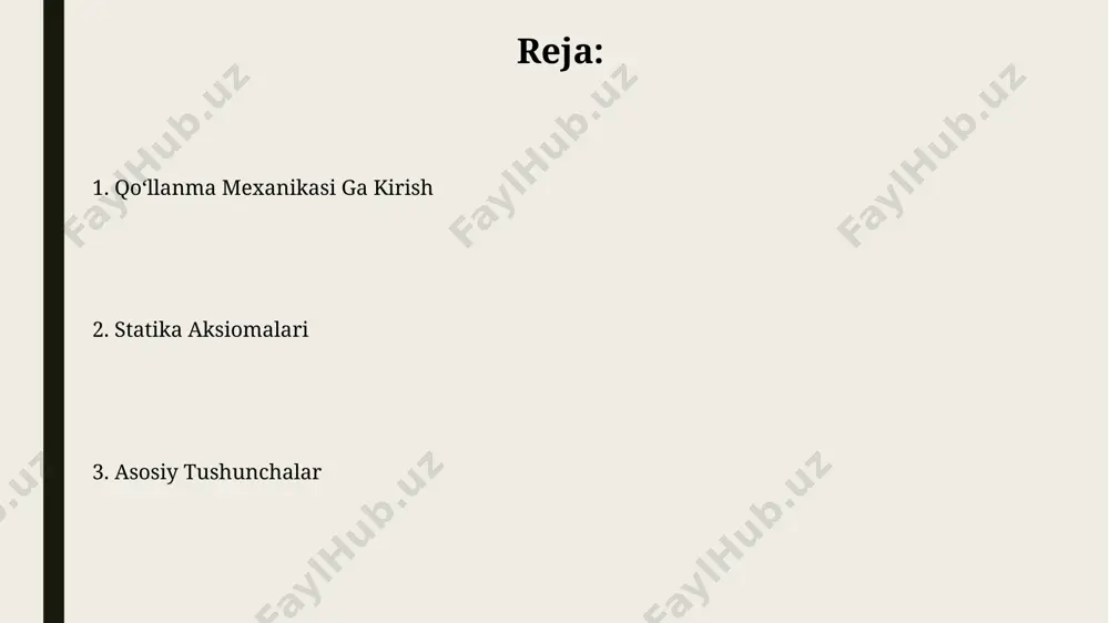 idasi yordamida geometrik ravishda aniqlanadi, natijada hosil bo'lgan vektor esa natijaviy kuch vektorini ifodalaydi, kuchlarning soni 2 dan ortiq bo'lsa, vektorlarni ketma-ket qo'shish mumkin. qo'llaniladigan mexanikaning kirish statikaning asosiy aksiomalari 3 ta: kuchlarning teng ta'sir qilish qonuni, momentlarning teng ta'sir qilish qonuni va nyutonning 3 ta qonuni qo'llaniladi, bu muvozanatni aniqlashda yordam beradi. kuchlarning teng ta'sir qiluvchi sistemasini topish uchun vektorlarni qo'shish, ayirish va paralelogram qoidasidan foydalaniladi, bu esa 2 yoki 3 o'lchovli muammolarni hal qilishda muhim ahamiyatga ega. dinamika asoslari динамика асослари ньютоннинг учта ҳаракат қонуни (inersiya, f=ma, акция-реакция) орқали таърифланади ва 3 ўлчамли фазодаги жисмларнинг ҳаракатини таҳлил қилиш учун асос бўлади. динамикадаги муҳим тушунчалардан бири импульс бўлиб, унинг миқдори масса ва тезликнинг кўпайтмасига тенг (p=mv) ва системанинг умумий ҳаракатини тавсифлайди. statika aksiomalari statikaning birinchi aksiomasi – muvozanatdagi jismga ta’sir etuvchi kuchlarning geometrik yig’indisi nolga teng boʻladi: σf = 0. bu 3 oʻlchovli fazoda uchta tenglamaga (σfx = 0, …
