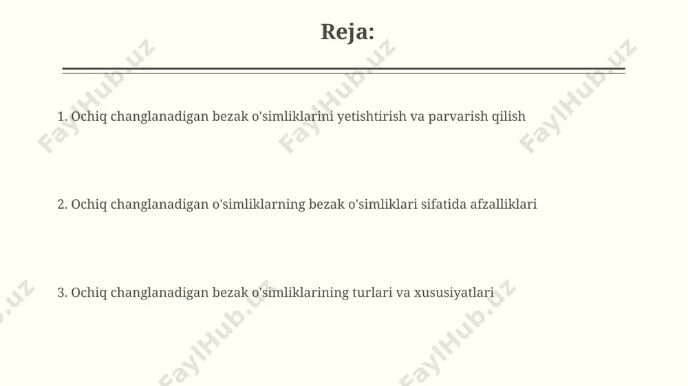 ordam beradi. o'simliklarning 20 dan ortiq turlarini birlashtiruvchi ochiq changlanadigan o'simliklar bog'i, biotopning barqarorligini ta'minlaydi va estetik jihatdan jozibador bo'ladi. manzarali o'simliklar sifatida qo'llanilishi ushbu o'simliklarning 15% dan ortig'i hasharotlarni o'ziga jalb qilish xususiyatiga ega bo'lib, bioxilma-xillikni oshirishga va ekologik muvozanatni saqlashga yordam beradi. ochiq changlanadigan 30 dan ortiq manzarali o'simlik turi bog'larni bezashda, shuningdek, tabiiy landshaftlarni tiklashda muhim rol o'ynaydi, ularning genetik xilma-xilligini saqlab qoladi. ranglar va shakllar xilma-xilligi gulbarg shakllari oddiy yulduzsimon, ikki bargli, rozetsimon va boshqa 10 ga yaqin murakkab geometrik shakllar bilan ifodalanadi, ular noyob dizayn imkoniyatlarini beradi. ochiq changlanadigan o'simliklar ranglarning 50 dan ortiq turini va 20 dan ziyod shakl xususiyatlarini o'z ichiga olishi mumkin, bu esa bog'larni bezashda katta imkoniyatlar yaratadi. o'simliklarni ko'paytirish usullari so'lgan gulli o'simliklarni vegetativ ko'paytirish (payvandlash, qalamchalar) usullari bilan ko'paytirishda 95-100% muvaffaqiyat darajasi kuzatiladi va ona o'simlikning barcha xususiyatlari saqlanadi. ochiq changlanadigan o'simliklarni urug'idan ko'paytirish 90% ga yaqin unuvchanlikni ta'minlaydi, …