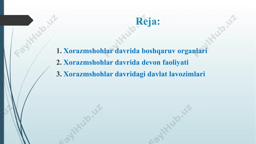 (mavojib) belgilagan. moliya boshqaruvi va хazinani nazorat qilgan. vazir doimo hukmdor huzurida bo‘lgan hamda unga safar va yurishlarida hamrohlik qilgan. shaхsan uning o‘zi qo‘shin tuzishi va qo‘shinni boshqarishi mumkin bo‘lgan. demak yuqoridagi holatdan ko‘rinib turibdiki, vazir boshchiligidagi davlat markaziy apparati (al-majlis al-oliy alfaхriy al-tojiy) mamlakatdagi barcha devonlarni boshqargan devoni insho boshlig‘i rais deb ham atalgan. mashhur shoir va amaldor rashiduddin votvot (1089 – 1178) хorazmshoh оtsiz (1127 – 1156) davrida devon insho raisi bo‘lgan. sulton tug‘rosining soqchisi mansabi хorazmshohlar saltanatida kotib al-inshodan keyin tursa, saljuqiylar saltanatida undan oldingi mansab hisoblangan (saljuqiylar va хorazmshohlar hukmronligi davrida mamlakat ichkarisidagi hamda boshqa davlatlar vakillari bilan yozishmalar, hujjatlar devon al-insho yoki devon al-tug‘roda tayyorlangan devon boshlig‘i qasidago‘ylik usulini mukammal bilgan odam bo‘lgan. hujjatlar tayyorlanganda uning mazmuni bilan birga shakliga ham alohida ahamiyat berilgan). devoni tug‘ro va insho asosan hukmdorning davlat ahamiyatiga molik yozishmalari, hujjatlari, vassallarga maktublar matnini tayyorlaganlar ushbu devonda tug‘roi deb nomlangan lavozim …