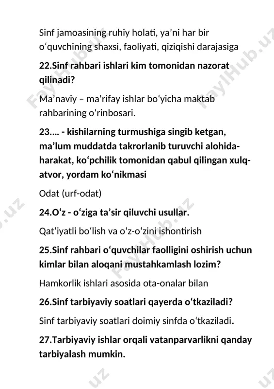 ni 63.sinf rahbari ma’naviy-ma’rifiy ishlar bo‘yicha direktor o‘rinbosari bilan qanday ishlarni amalga oshiradi?’ tarbiya ishlarini 64.oila va maktab hamkorlik ishlari mazmuni ta’lim jarayonini va tarbiya ishlarini to’g’ri yo’lga qo’yish 65.o‘quvchilar jamoasini shakllantirish. jamoa fikrini aniqlash va ijobiy an’analar yaratish 66.o‘quvchilarni jamoaviy ishlarga jalb qilish usullari o’quvchi tarbiyasiga va maktabga qiziqishni oshirish 67.to‘garaklar tashkil kilishda sinf rahbarining vazifasi o’quvchilarning qiziqishlarini hisobga olish va jalb qilish 68.sinf raxbari tarbiyaviy ishlarda kimlar bilan maslahat qilishi kerak? manaviy ishlar bo’yicha director o’rinbosari bilan 69.xalq og‘zaki ijodidan qaysilari boshlang‘ich sinf o‘quvchilarini tarbiyalashga mos keladi xalq rivoyatlari va ertaklardan foydalanish 70.tarbiyaviy ishlarda direktor o‘rinbosarining asosiy vazifasi nimadan iborat. tarbiyaviy ishlarni o’qituvchilar jamoasi bilan hamkorlikda to’g’ri tashkil etish 71.tarbiyaviy tadbirlarni qanday rejalashtirgan ma’qul mavzuning dolzarbligi va qiziqarli ssenariy asosida 72.milliy bayramlarimizni toping. navro’z lola sayli qovun sayli mehrjon 73.tarbiyaviy ishlarni tashkil qilishning milliy asoslari nimadan iborat xalqimiz yaratgan milliy urf odatlarni davom ettirish 74.oilaviy an’analarga nimalar kiradi? …