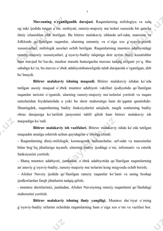kki bob, xulosa va foydalanilgan adabiyotlar ro`yxatidan iborat. i b o b o`zbek mumtoz she`riyatida raqamlarning ramziy-majoziy ma`no sirlari ma`lumki, sharq mumtoz she`riyati mazmun va shakl, poetik tasvir yo`li, vosita, obrazlar olami e`tibori bilan o`ziga xos bir she`riyatdir. adabiyotshunoslik ilmida e`tirof etilganidek, bu she`riyatda ramziy-majoziy tasvir ustuvor yinalish va xususiyatni tashkil etadi. shuning uchun unda so`z, timsol, rang, ohang bilan bir qatorda, harf va raqam vositasida ilgari surilgan haqiqatlarning simvolik ifodalari ham alohida o`rin egallaydi. agar mumtoz adabiyoti o`zdan joy olgan raqamlar «tilga» kiritilsa, o`quvchining ko`z o`ngida yangi bir ma`no, mohiyat va sirlar olami ochiladi. garchi raqam ramzlaridan foydalanish, raqamlar vositasida turli xil qarashlarni ilgari surish hurufiylikka o`xshab ma`lum bir oqimni yuzaga keltirmagan bo`lsa-da, o`z fikrlarini raqam ramzlari yordamida ifodalash deyarli ko`pchilik shoir ijodida uchraydi. raqam zamirida yashiringan haqiqatlarni oydinlashtirish, to`g`ri talqin va tadqiq qilish uchun esa eng avvalo, raqamlarning din, mifologiya, qadimiy urf-odat, tasavvuf ta`limotidagi o`rni va mohiyatiga e`tiborni …
