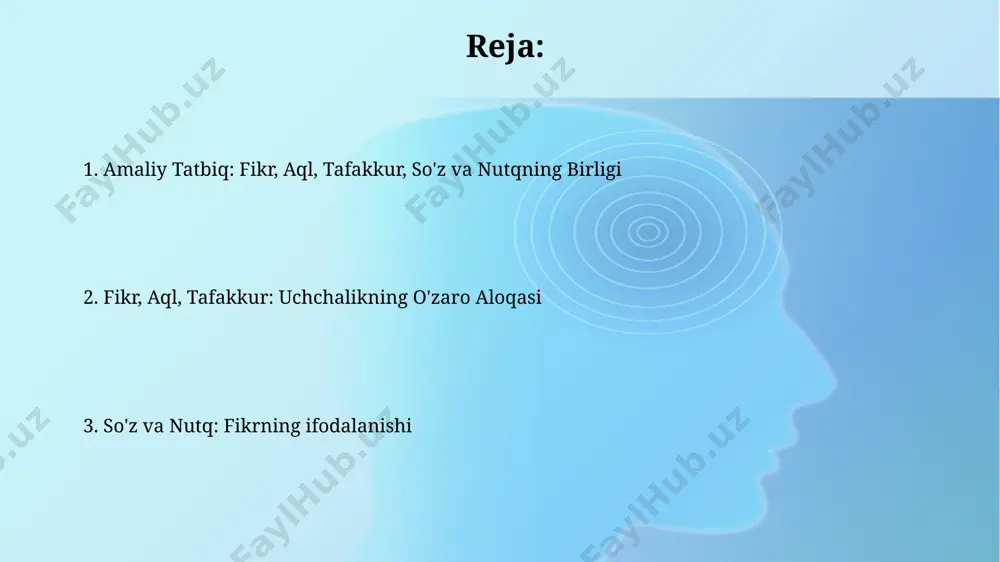 ar aql, zehn va tafakkur o'rtasidagi asosiy farqlardan biri shundaki, aql (1) insonning tug'ma qobiliyati bo'lsa, zehn (2) va tafakkur (3) esa tajriba va ta'lim natijasida rivojlanadi, masalan, 10 yoshli bolaning aqli kattalarnikiga yaqin, lekin zehn va tafakkuri ancha past bo'ladi. tafakkur, zehndan farqli ravishda, chuqurroq va tizimli fikrlash jarayonini anglatadi, masalan, samarqanddagi buyuk amir temur davrida rivojlangan ilm-fan sohalarida, 5 ta asosiy yo'nalishda chuqur tafakkur kuzatilgan. zamonaviy dunyoda aql, zehn va nutq zamonaviy dunyoda 7 milliarddan ortiq odam yashashi bilan bog'liq holda, axborot uzatish tezligi va hajmining o'sishi aql-idrok, zehn va nutqning rivojlanishiga sezilarli ta'sir ko'rsatmoqda, ayniqsa, osiyo va amerika qo'shma shtatlari kabi yirik mamlakatlarda. dunyoning turli burchaklarida, masalan, xitoy va yevropa mamlakatlarida, sun'iy intellektning rivojlanishi tufayli nutqni tahlil qilish va sintez qilish texnologiyalari tez sur'atlar bilan takomillashib bormoqda, bu esa yangi kasblarning paydo bo'lishiga va mavjud kasblarning o'zgarishiga olib keladi. mulohaza: chuqur fikrlash jarayoni мулоҳаза, тилнинг лексик бойлиги …