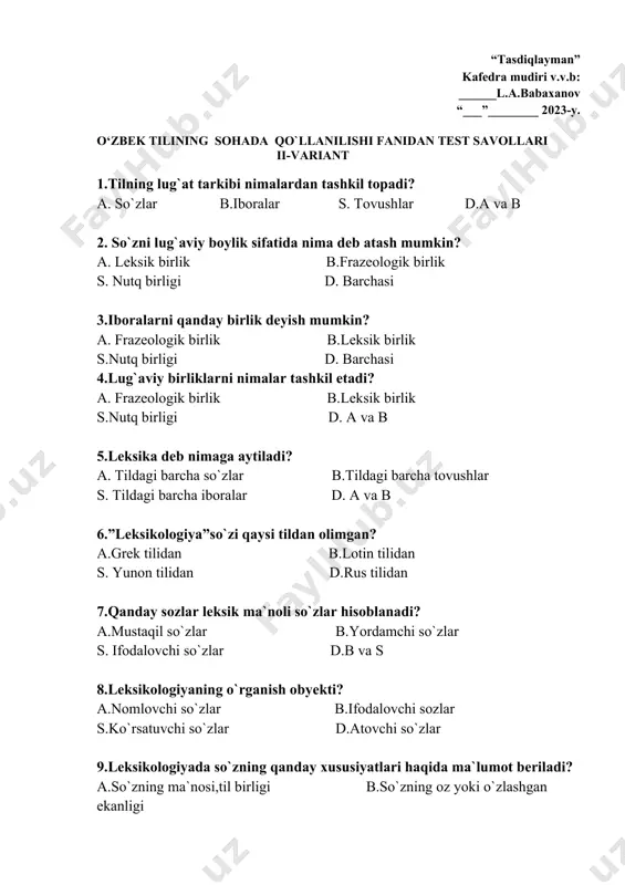 t savollari iii-variant 1..lug`aviy birliklarni nimalar tashkil etadi?. a. leksik birlik b.frazeologik birlik s.nutq birligi d. a va b 2.tilning lug`at tarkibi nimalardan tashkil topadi? a..so`zlar b.iboralar s. tovushlar d.a va b 3. so`zni lug`aviy boylik sifatida nima deb atash mumkin? a. leksik b.frazeologik birlik s. nutq birligi d. barchasi 4.sifat+ ot tarkibida yasalgan qo`shma terminlarni toping? a.to`g`ri burchak b.ayiqtovon s.go`ngsochar d.o`takuchlanish 5.ot+ot tarkibida yasalgan qo`shma terminlarni toping? a.huquqiy me`yor b.ayiqtovon s.yarimfazo d.o`g`itsepar 6.tub terminlar berilgan qatorni aniqlang? a.duradgorlik b.eshik s.tintuv qilish d.ava b 7.yasama terminlar berilgan qatorni aniqlang? a.jazo b.dalolatchi s.yolg`iz d.a va s 8.qo`shma terminlar berilgan qatorni aniqlang? a.qisqa tutashuv b.jinoyatchi s.huquq d.b va s 9.yig`iq birikma berilgan qatorni toping? a.qiyshaytiruv b.qaldirg`ochquyruq s.taxta pol d.a va b 10.murakkab terminlarni toping? a.taxta pol b.to`g`ri ichak s.yog`och oyoq d.teskari son 11.matn so`zi qaysi tildan o`zlashgan? a.arab b.fors-tojik s.uyg`ur d.hind 12.matn uslubiy mohiyatiga ko`ra necha turga bo`linadi? a.2 b.4 s.5 d.3 …
