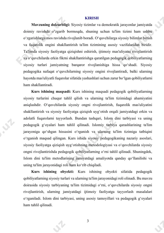ar pedagogik qobiliyatning falsafiy asoslari ta'limning umumiy maqsadi va uning jamiyatdagi o‘rni haqida falsafiy qarashlarni o‘z ichiga oladi. falsafiy nuqtai nazardan, ta'lim jarayoni faqat ilmiy bilimlarni o‘rgatish bilan cheklanmaydi, balki insonni ma'naviy va axloqiy jihatdan shakllantirishga xizmat qiladi. ta'lim orqali insonning ongini, fikrlash tarzini, qadriyatlarini rivojlantirish, uning ijtimoiy mas'uliyatini oshirish maqsad qilinadi. pedagogik qobiliyatni o‘rganishda falsafiy yondashuvlar nafaqat ta'limning nazariy asoslarini, balki uning jamiyatdagi roli va o‘quvchilarning hayotidagi o‘rnini ham hisobga olishni talab qiladi. pedagogik faoliyatning falsafiy asoslari ta'lim jarayonining maqsadga muvofiqligi va o‘quvchilarga ta'lim berishda ularning ma'naviy, axloqiy va intellektual jihatdan rivojlanishiga qaratilganligini ta'minlaydi. falsafiy yondashuvlarga ko‘ra, ta'lim o‘qituvchidan faqat bilimlarni uzatishni emas, balki o‘quvchilarda erkin fikrlash, ijodkorlik va axloqiy mas'uliyatni rivojlantirishni ham talab qiladi. bunday yondashuv pedagogik qobiliyatni o‘qituvchining faqat bilim beruvchi emas, balki ma'naviy yo‘lboshchi sifatida qarashni taqozo qiladi. o‘qituvchi o‘quvchilarga ilm-fan bilan bir qatorda, jamiyatda erkin fikr va axloqiy qadriyatlarni o‘rgatishi lozim. psixologik asoslar pedagogik qobiliyatning …