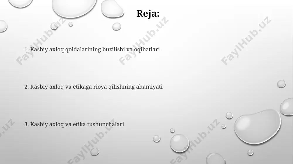 ga sekinlashtirishi mumkin. korrupsiyaning 80% dan ortig'i davlat sektorida sodir bo'lib, huquqiy mexanizmlarni zaiflashtiradi va byudjetga 15% gacha zarar yetkazadi. davlat xizmatchilarining axloqiy ta'limi va shaffoflikni oshirish korrupsiyani 10% gacha kamaytirishi mumkin, bu esa ishonchni mustahkamlaydi. kasbiy axloq va etika tushunchalari tadqiqotlar shuni ko'rsatadiki, 70% dan ortiq kompaniyalar kasbiy axloq va etika treninglarini o'tkazib, xodimlarining axloqiy me'yorlarga rioya qilish darajasini oshirishga harakat qilishadi. kasbiy etika kodekslari, odatda, kamida 5 ta asosiy qoidalarni o'z ichiga oladi va bu qoidalarga rioya qilmaslik intizomiy jazo yoki hatto ishdan bo'shatishga olib kelishi mumkin. kasbiy axloq va etika tushunchalari o'z ichiga 3 ta asosiy tamoyilni – halollik, mas'uliyat va adolatni oladi, bu xodimlarga 10 ta yoki undan ortiq muhim qarorlar qabul qilishda yo'nalish beradi. ishdagi axloqiy muammolar va ularning yechimlari korrupsiya, poraxo'rlik kabi 2 dan ortiq holatlar, ish joyidagi adolatsizlik va tengsizlikka olib kelishi mumkin, buning oldini olish uchun qat'iy qoidalar va mustaqil tekshiruv mexanizmlari …
