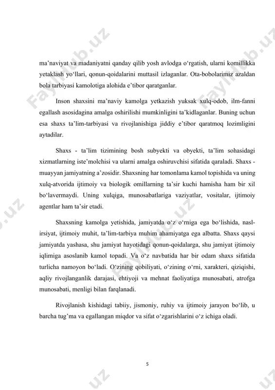 adi. ammo faollikning qay darajada rivojlanib borishi ham irsiyatga ham taqlidchanlik qobiliyatiga bog’liq. bola tabiatida taqlidchanlik borligini hammamiz yaxshi bilamiz. bola hayotining ilk dastlabki yillarida kattalar bilan bo‘ladigan har bir munosabati va narsa-buyumlar ishtirokida bajargan harakatlari asosiy faoliyat turi hisoblanadi. bola bilan muomala qilish orqali kattalar ularni asta-sekin ijtimoiy faoliyatga olib kiradilar. mana shu yo‘llar bilan bola faoliyatning o‘ziga xos tomonlarini egallab boradilar. shaxsni shakllantirish tarbiya jarayonida ro‘y beradi, inson tarbiyasi uning kamoloti yo‘lidagi bunyodkorlik mehnatida, oila instituti, ijtimoiy hayotda, sotsialiqtisodiy vazifalarini hal etishda namoyon bo‘ladi. shaxs shakllanishida ta’sir etuvchi omillar mavjud. tarbiya bola hayotida yetakchi omil sifatida qaraladi, chunki bu to‘plangan ijtimoiy tajribani yetkazish uchun yosh avlodga ta’sir ko‘rsatishning maxsus uyushtirilgan sistemasidir. u oilada, maktabgacha ta’lim tashkilotlarida, maktabda, turli xildagi ijtimoiy muhitlarda amalga oshirilib, faoliyatni, munosabatlarni tashkil etishga qaratilgandir. axloq so‘zi – lotincha «moros», ya’ni moral, mantiq so‘zidan kelib chiqib, u hech qaerda qat’iy yozib qo‘yilmagan ijtimoiy konundir. inson …