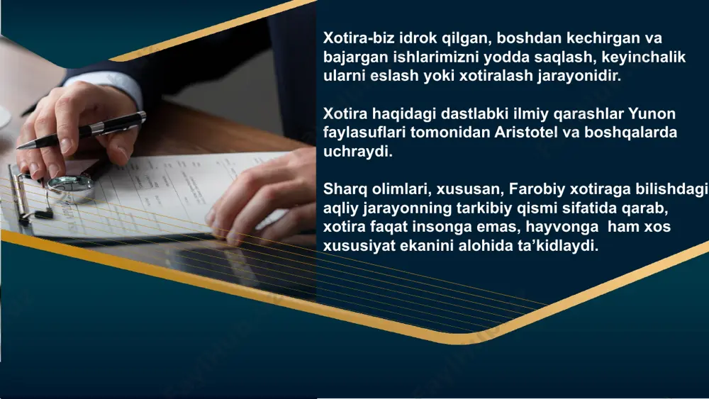 ) tez esda qoldirib, tez unutish 3) sekin esda qoldirib, sekin unutish 4) sekin esda qoldirib, tez unutish xotira tasavvurlari ilgari idrok qilingan narsa va hodisalar obra\larrining ongimizda qaytadan gavdalanishiga xotira tasavvurlari deyiladi. esda olib qolish va qayta esga tushirish tasavvur obrazlari orqali amalga oshiriladi. xotira va xayol tasavvurlari bir-biridan farq qiladi. xotira tasavvurlari ilgari idrok qilingan, ammo hozir ko’z o’ngimizda bo’lmagan narsalarning obrazlarini ongimizda gavdalanishdan iborat. masalan, yoshlik vaqtimizdagi hodisalarni eslaymiz, ongimizda qayta tiklashimiz xotira tasavvurlari bo’ladi. xayoliy tasavvur xotira tasavvuriga qaraganda murakkab bo’lib, ongimizdagi bilimlar, tajribalarimiz asosida ilgari idrok qilinmagan, shu paytgacha uchramaga narsalarning obrazlarini yaratishdan iborat. xayoliy tasavvur ijod qilish bilan bog’liqdir. masalan, ertak, roman o’qiganimizda undagi qahramonlar ko’z o’ngimizda gavdalanishi. xotira tasavvurlari ildiz o’t shu so’zlarni sharxlang e’tiboringiz uchun rahmat image3.jpeg image4.png image5.png image2.png image6.jpeg image7.png image8.png image1.png image9.png image10.png image11.png image12.png