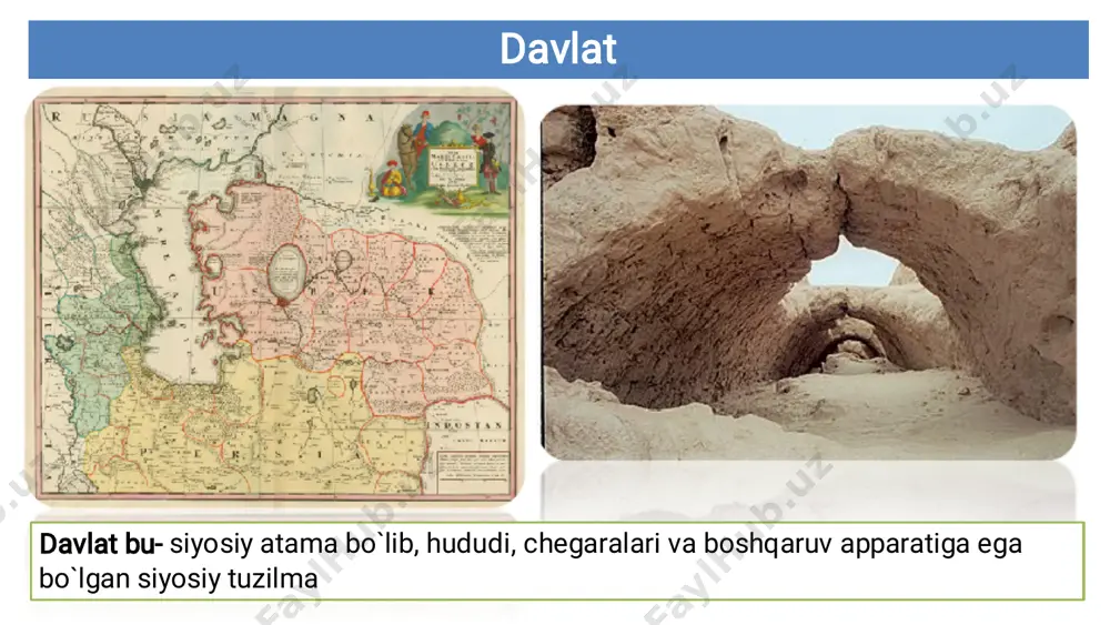 llarda afg`onistonning janubini egalladi. aleksandr mil. avv. 327 yilgacha baqtriya, so`g`diyona, marg`iyona, bekabod va xo`jandni egallaydi mil.av. 250- yilda baqtriyaning mustaqilligi tiklanadi va mill. avv. 140- yilgacha yashadi. hukmdorlari esa asosan yunon aslzodalari bo'lgan. diodot, yevtidem, demetriy, yevkradit, geleokl kabi posholari faoliyat yuritgan dovon— farg`ona vodiysidagi davlat. mil. avv. ii asr 300 ming aholi yashagan. vohada 70 ta shahar bo`lgan, poytaxti ershi shahri. dovonda yetishtirilgan «samoviy tulporlari» sharqda mashhur bo`lgan. xitoyliklar 101 yilda ershi shahrini qamal etishgan. qang` davlati- mil.avv. iii asrdan milodiy iii asrlarda yashagan. poytaxti qang`yuy. qo`shini 80 – 90 ming jangchini tashkil etgan.
