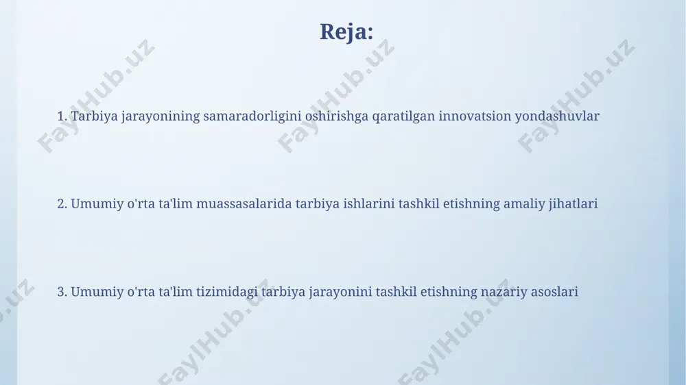 ing jamoatchilik ishlariga jalb qilinishini 15% ga oshirdi. 2023-yilgi tadqiqotlar shuni ko'rsatdiki, toshkent shahridagi maktablarning 70%ida axloqiy-ma'naviy tarbiya 2ta asosiy yo'nalish: diniy va dunyoviy qadriyatlarga bo'lingan holda o'rgatiladi. huquqiy tarbiya huquqiy tarbiya jarayonida, samarqand viloyati misolida, oʻquvchilarga 10 yoshdan boshlab, konstitutsiya asoslari, fuqarolik huquqlari va majburiyatlari, shuningdek, jinoyatchilikning oldini olishga oid bilimlar beriladi. oʻzbekiston respublikasining "ta’lim toʻgʻrisida"gi qonunining 12-moddasida huquqiy tarbiya ta’limning muhim tarkibiy qismi sifatida belgilangan boʻlib, maktablarning 50% dan ortigʻida huquqshunoslar tomonidan maxsus darslar oʻtkazilishi tavsiya etiladi. tarbiyaviy tadbirlarni rejalashtirish va tashkil etish toshkent shahridagi 5-maktabda oʻquv yili davomida 15 ta tarbiyaviy tadbir rejalashtirilgan boʻlib, har bir tadbirning samaradorligini baholash uchun 5 ball shkalasi qoʻllaniladi va natijalar tahlil qilinadi. tarbiyaviy tadbirlarni rejalashtirishda samarqand viloyati maktablarida oʻquvchilarning yosh xususiyatlarini (7-11 yosh) hisobga olgan holda kamida 3 ta turdagi tadbirlarni (sport, ijtimoiy, badiiy) oʻtkazish rejalashtiriladi. innovatsion pedagogik usullarni qo'llash o'zbekistondagi 10 ta maktabda qo'llanilgan gamifikatsiya usuli o'quv jarayoniga 20% gacha …