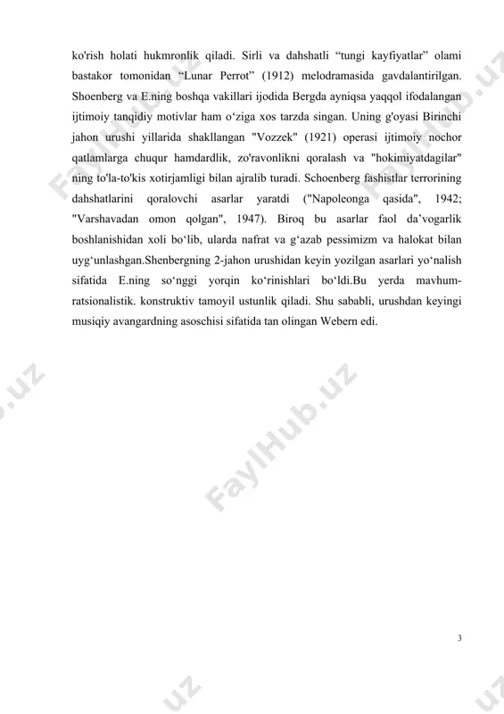 a. webern) ijodi bilan bog'liq edi. a. m.ning asosiy xususiyati - ohanglarning asosiy markaz - tonik bilan birlashtiruvchi korrelyatsiyasining yo'qligi. demak, - musiqiy nutqning amorfligi, garmoniyaning strukturaviy funktsiyalarining parchalanishi, tovushning dissonant darajasi va boshqalar. garmonik ko'rsatmalarning yo'qligi musiqani idrok etishni juda qiyinlashtiradi, garchi ba'zi yirik bastakorlar ba'zida ta'sirchan atonal kompozitsiyalarni yaratishga muvaffaq bo'lishgan. bu asarlarda, ayniqsa, tembr-ritmik tartibning o'tkir ifodali vositalari, qizg'in sahna vaziyatlari va she'riy matnlardan foydalanilgan: "kutish" monodramasi (1909) va shenbergning "oy perrot" (1912) syuitasi, "vozzek" operasi. berg tomonidan (1921) va boshqalar. 1922 yilda schoenberg "12 tonna faqat bir-biriga bog'langan" kompozitsiya usulini ixtiro qildi (keyinchalik dodekafoniya deb ataladi), uning vazifasi atomizm anarxiyasiga qat'iy tartib kiritish edi. a. m. avangard sanʼati arsenaliga kiritilgan koʻplab kompozitsiya tizimlarining asosi hisoblanadi. a. m.ning estetik tamoyillari ekspressionizm bilan chambarchas bogʻliq. klassik musiqaning usuli, texnikasi va elementlari turli yoʻnalishdagi kompozitorlar (c. ive, b. britten, b. bartok, a. honegger va boshqalar) orasida uchraydi. vena klassik …