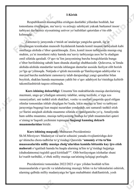 ugungi kunning dolzarb muammolaridan biridir. kurs ishining maqsadi: muhtaram prezidentimiz sh.m.mirziyoev madaniyat va san'at sohasini yanada rivojlantirishga doir qo‘shimcha chora-tadbirlar to‘g‘risidagi qarorida “umumiy o‘rta ta'lim muassasalarida milliy musiqa cholg‘ularidan kamida bittasida kuy ijro etish mahorati o‘rgatiladi hamda bu haqda ularning ta'lim to‘g‘risidagi hujjatiga (shahodatnoma) tegishli qayd kiritiladi[1]”. olib borilayotgan islohatlar shuni ko‘rsatib turibdiki, o‘zbek milliy musiqa san'atining kelajagi porloqdir. prezidentimiz tomonidan 2022/2023 o‘quv yilidan boshlab ta'lim muassasalarida o‘quvchi va talabalarning musiqiy bilim va ko‘nikmalarini oshirish, ularning qalbida milliy madaniyatga bo‘lgan muhabbatni shakllantirish, yosh iste'dodlarni aniqlash va qo‘llab-quvvatlashga qaratilgan quyidagi chora-tadbirlar amalga oshirilishi belgilandi. milliy musiqa cholg‘ularidan kamida bittasida kuy ijro etish mahorati o‘rgatiladi hamda bu haqda ularning ta'lim to‘g‘risidagi hujjatiga (shahodatnoma) tegishli qayd kiritiladi. mazkur qarorga 1-ilovadagi ro‘yxatda keltirilgan milliy cholg‘ulardan kamida bittasida, 2023/2024 o‘quv yilidan boshlab esa kamida uchtasida kuy ijro etish mahoratiga ega bo‘lish musiqa fani o‘qituvchilari uchun majburiy hisoblanadi. mazkur qaror ijrosi kelajakda ulkan natijalar beradi deb …