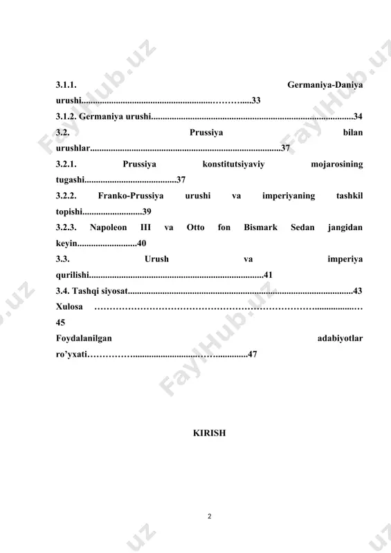 .......................43 xulosa ……………………………………………………………….................…45 foydalanilgan adabiyotlar ro’yxati……………............................……..............47 kirish otto eduard leopold karl-vilgelm-ferdinand fon bismark (nemischa: otto eduard leopold von bismarck; 1815-yil 1-aprel — 1898-yil 30-iyul) — „temir kansler”deb atalgan knyaz, siyosatchi, davlat arbobi, german imperiyasining birinchi kansleri. kurs ishi mavzusining dolzarbligi germaniyaning otto fon bismark faoliyati davridagi ijtimoiy-iqtisodiy, siyosiy va madaniy o’zgarishlarini o’rganib chiqish. shuningdek germaniyaning qayta birlashishini asoslashdan iborat. prussiya qirolligida bismark konservatorlar orasida yunkerlar namoyondasi sifatida obroʻ qozongan, diplomat sifatida faoliyat yuritgan (1851-1862-yillar). 1862-yilda prussiya hukumatining bosh vaziri etib tayinlangan. konstitutsion inqiroz vaqtida monarxiyani himoya qilib liberallarga qarshi chiqgan. tashqi ishlar vaziri sifatida olmon-daniya urushidan soʻng prussiyani germaniyadagi yetakchi kuchga aylantirdi. u reyxskansler va prussiya bosh vaziri sifatida 1890-yilgi isteʼfosiga qadar reyxning siyosatiga kuchli taʼsir koʻrsatgan. bismark tashqi siyosatda kuchlar balansi prinsipiga amal qilgan. ichki siyosatda uning boshqaruv davrini ikki fazaga boʻlsa boʻladi. boshida u oʻta liberallar bilan ittifoq tuzgan. bu davrda koʻplab ichki reformatsiyalar roʻy berdi, masalan, bismark …