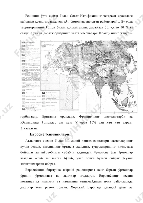 иториясидаги қуйи дунай текислиги учун характерлидир. жануброқда, шимолий болгарияда улар гумуси кам жанубий қоратупроқлар билан алмашинади. ўрта дунай пасттекислигида гумуси 3-6% бўлган ва анча шўрланган ҳамда ишқорсизланган қора тупроқлар тарқалган. илгари, бу барча районларда айрим жойларида кенг баргли ўрмонлар ўсган ўтлоқ даштлар тарқалган. тупроқларининг ҳосилдорлиги ва қулай иқлим шароити бу ерларда деҳқончилик, боғдорчилик ва узумчиликни ривожлантиришга имкон берган. ҳозирги вақтда дунай текисликларида ишланадиган ерлар ва инсон барпо этган дуб (эман), терак ҳамда оқ акация (robinia pseudacacia) ўрмонлари устун туради. субтропик минтақанинг ғарбий, атлантика бўйи секторида жойлашган ўрта денгиз соҳилларининг қиши илиқ ва сернам, ёзи иссиқ эканлигидан ўзига хос тупроқ ҳамда ўсимлик типлари характерлидир. ўрта денгиз бўйи флорасининг состави ҳозирги шароитдан ташқари, флорасининг қадимийлиги ва доимий яшил ўсимликларни ҳам, баргини ташловчи ўсимликларни ҳам ўз ичига олувчи қадимги тропик элементларнинг сақланиб қолганлиги билан белгиланади.