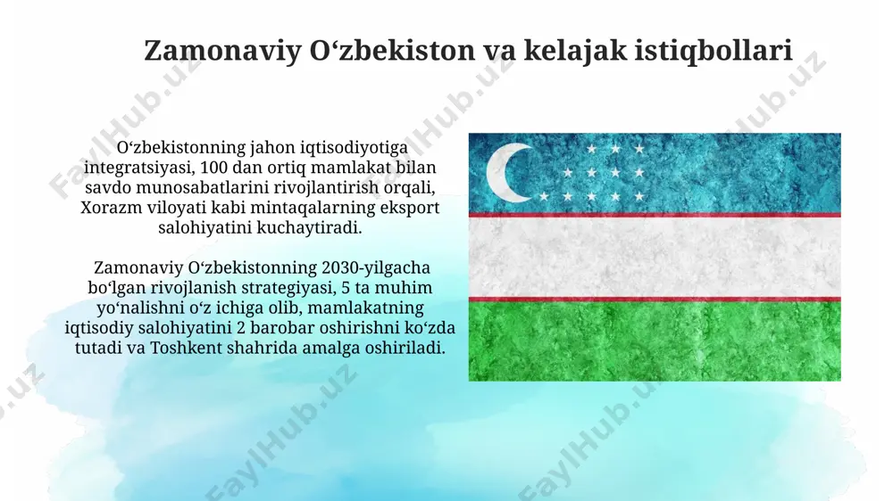 ekistonda paxta yetishtirishga qaratilgan qishloq xoʻjaligi siyosati davom ettirildi, biroq 2000-yillarga kelib, diversifikatsiya yoʻnalishi kuchaytirildi. millatlararo totuvlik va diniy bagʻrikenglik millatlararo totuvlik va diniy bagʻrikenglik siyosati 1991 yildan keyin oʻzbekistonda 100 dan ortiq millat va elat vakillarining birgalikda yashashiga imkon yaratdi, shu jumladan, samarqand va buxoro kabi shaharlarda koʻplab madaniy markazlar faoliyat koʻrsatadi. oʻzbekiston konstitutsiyasi millatlararo totuvlik va diniy bagʻrikenglikni ta’minlashga qaratilgan 20 dan ortiq moddalarni oʻz ichiga oladi, bu esa mamlakatning ijtimoiy-siyosiy barqarorligini ta’minlashda muhim rol oʻynaydi. davlat ramzlari va madhiyasi ўзбекистоннинг давлат мадҳияси "шўх ўзбекистон" 1991 йилнинг 10 декабрида қабул қилиниб, мусиқаси мутал бурхонов, сўзлари абдулла орипов томонидан яратилган. ўзбекистоннинг давлат байроғи 18 ноябрь 1991 йилда, мустақилликнинг эълон қилинишидан кейин, тошкент шаҳрида расман қабул қилинган бўлиб, унинг кўк ранги осмонни, яшил ранги эса табиатни ифодалайди. oʻzbekistonning mustaqillikka erishish yoʻli 1991-yil 31-avgustda mustaqillik deklaratsiyasi eʼlon qilinishi, toshkent shahrida boʻlib oʻtgan muhim siyosiy voqea sifatida tarixda muhrlandi. oʻzbekiston kommunistik partiyasi …