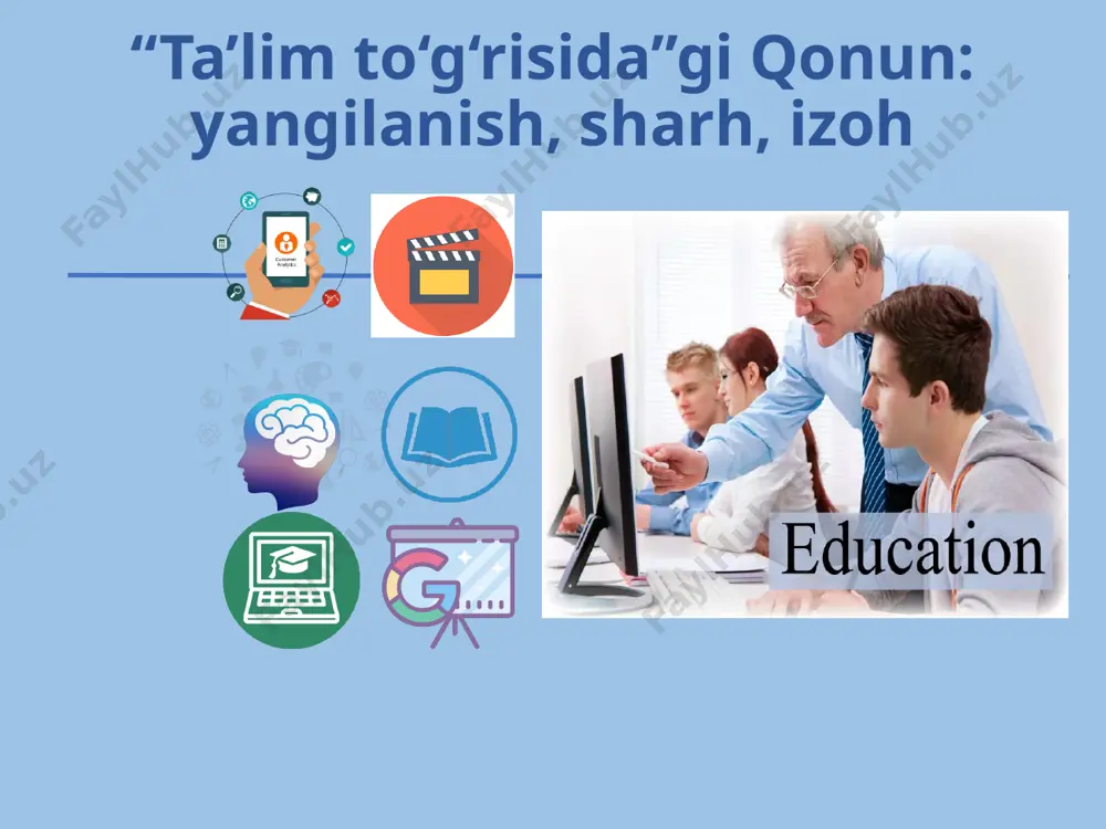 ning, ular ota-onasining hamda boshqa qonuniy vakillarining huquq va majburiyatlari 7-bob. ta’lim-tarbiya jarayoni ishtirokchilarini ijtimoiy himoya qilish. 8-bob. nodavlat ta’lim tashkilotlari faoliyatini litsenziyalash, ta’lim tashkilotlarini attestatsiyadan va davlat akkreditasiyasidan o‘tkazish. xorijiy davlatda olingan ta’lim to’g’ridagi hujjatni tan olish, ta’lim sohasidagi hujjatlarga apostil qo’yish. 9-bob. ta’limni moliyalashtirish va davlat tomonidan qo‘llab-quvvatlash. 10-bob. ta’lim sohasidagi xalqaro hamkorlik. 11-bob. yakunlovchi qoidalar. ustuvorlik va izoh bugungi o‘zgaruvchan davr talabiga javob bera oladigan qonunning ahamiyatli jihatlari – mazmunan uzviyligida va yaxlitligida 4-modda 15-modda 19-modda insonning butun hayoti davomida ta’lim olishi dual ta’lim; katta yoshdagilarni o‘qitish va ularga ta’lim berish. katta yoshdagilarni o‘qitish va ularga ta’lim berish butun umr davomida o‘qitishning markaziy tarkibiy qismi bo‘lib,.....rasmiy, norasmiy, va informal o‘qitish jarayonlarining butun majmuini qamrab oladi ustuvorlik va izoh bugungi o‘zgaruvchan davr talabiga javob bera oladigan qonunning ahamiyatli jihatlari – mazmunan uzviyligida va yaxlitligida 5-modda 35-modda 46-modda ta’lim tashkilotlarida innovatsion faoliyatni qo‘llab-quvvatlash va o‘quv dasturlarini innovatsion texnologiyalarni qo‘llagan …
