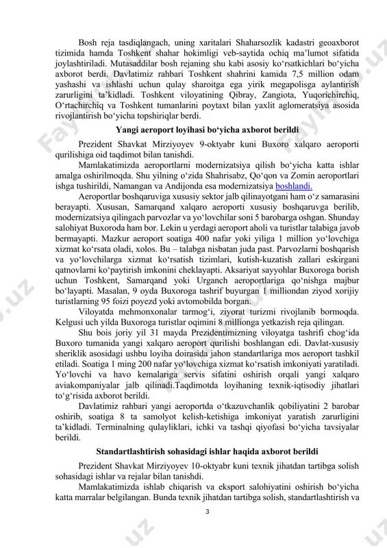 miz rahbari bu boradagi ilk ishlanmalar bilan 2022-yilda tanishgan edi. unda berilgan ko‘rsatma va tavsiyalar asosida loyiha takomillashtirildi. “toshkentboshplanliti” korxonasida singapur, buyuk britaniya, turkiya, germaniya, xitoy va niderlandiya kompaniyalari bilan hamkorlikda puxta ish olib borildi. loyihaga ko‘ra, toshkent shahri hududi 3 ta zonaga ajratiladi. konservatsiya zonasida madaniy meros binolari, tarixiy joylar, uylar va yashil hududlar o‘zgarishsiz qoladi. rekonstruksiya zonasida master-rejalar asosida qo‘shimcha qurilishlar qilish mumkin bo‘ladi. renovatsiya zonasida eskirgan uy-joy, binolar o‘rnida yangi qurilishlar va ta’mirlash amalga oshiriladi. bugungi kunda ekologiya va transport muammolari dolzarb bo‘lib bormoqda. xususan, oxirgi o‘n yilda toshkentdagi havo harorati o‘rtacha 1 daraja ko‘tarilgan. ba’zi kunlarda atmosferadagi ifloslantiruvchi moddalar me’yordan ortiq bo‘lmoqda. avtomashinalar ham kun sayin ko‘payib, yo‘l harakati qiyinlashib bormoqda. shu bois yangi bosh rejada bu masalalar inobatga olingan. jumladan, toshkent shahri va uning atrofidagi yashil hududlar 3 karra ko‘paytirilib, 25 ming gektarga yetkazilishi belgilanmoqda. bu orqali aholi jon boshiga to‘g‘ri keladigan yashil maydon hozirgi …