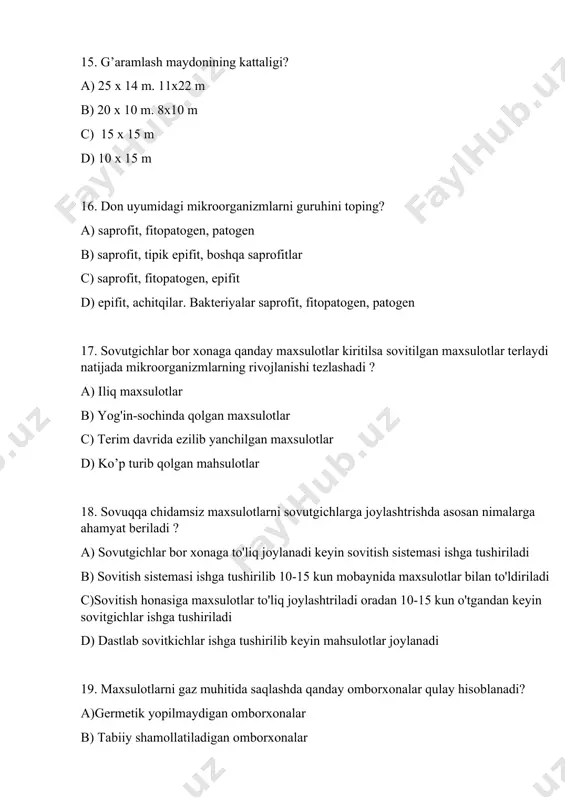 larni honalarga joylash uchun sovitish sistemasi ishga tushirilib necha kun mobaynida maxsulot bilan to'ldiriladi ? a)10- 15 kun b)15- 20 kun c)5- 10 kun d)20-25 kun 27. kartoshka va piyozlarda fiziologik tinim davri qancha vaqt davom qiladi? a)ancha uzoq bo’lib, bunda o’suv nuqtalari hatto qulay sharoitda ham uyg’onmaydi. b) qulay sharoitda kuzda ham rivojlana boshlaydi. c) haroratga bog’liq, ya’ni iliq havoda tez rivojlanadi. d) saqlanish sharoitiga bog’liq. 28. ko’kat sabzavotlar, rezavor mevalar va bir qator danakli mevalarning saqlashga chidamliligi qanday? a) uncha yuqori emas. b) saqlashga chidamli c) ko’katlar saqlashga chidamsiz, rezavor mevalar chidamli. d)danakli mevalar yuqori chidamli, ko’katlar chidamsiz. 29. meva-sabzavot omboriga ta’rif bering? a) yangi meva-sabzavotlar, shuningdek urug’liklar va kartoshka saqlaydigan inshoot yoki binolar . b) to’rt tamondan devor bilan qoplangan binolar c) ochiq maydonlar d) pishiq g’ishtdan qurulgan 3 qavatdan kam bo’lmagan bino va inshoatlar 30.meva va sabzavotlarni saqlash texnologiyasini rivojlan-tirishda qanday turdagi omborxonalarni qurish axamiyatli? a) …