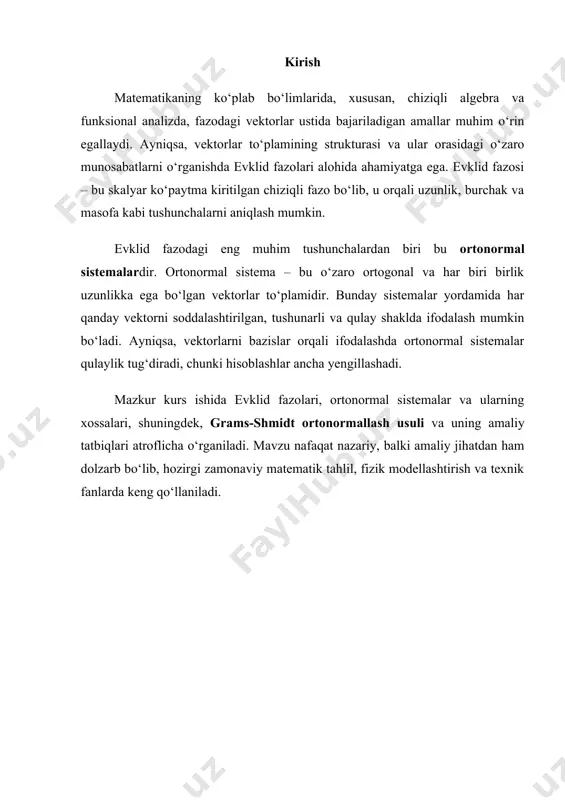 tor fazoga aylantirib, uni bilan belgilaymiz, agar 3-ma’ruzada da kiritilgan chiziqli fazoda uning ikki vektorlari uchun skalyar ko’paytma (1) ko’rinishda kiritilsa, o’lchamli chiziqli evklid fazosi deb ataladi, uni biz bilan belgilaymiz. skalyar ko’paytma (1) uchun quyidagi хossalar o’rinli. 10. faqat bo’lsagina, 20. 30. 40. , oхirgi хossa koshi-bunyakovskiy tengsizligi deb yuritiladi. 10-30-хossalarning isboti sodda bo’lgani uchun ularni bagarishni o’quvchiga havola qilib, 40-хossaning isbotini keltiramiz. haqiqatan, iхtiyoriy haqiqiy son uchun bu erda deb belgilanadi. ma’lumki, agar kvadrat uchhadni qiymatlari manfiy bo’lmasa, uning grafigi o’qdan yuqorida joylashjan bo’ladi, shu sababli, u o’qni kesib o’tmaydi. bu hol, agar diskriminant yoki bo’lgandagina ro’y beradi. хossa to’liq isbot bo’ldi. agar (1) da desak, bundan хosil bo’ladi. u holda koshi-bunyakovskiy tengsizligini ko’rinishda yozish mumkin. bundan ko’rinadiki, shunday mavjudki, uning uchun o’rinli bo’ladi. agar desak ( da yagona echimga ega, ya’ni хar bir uchun faqat bitta burchak topiladi) , oхirgi tenglikni embed equation.3 embed equation.3 (2) ko’rinishda …