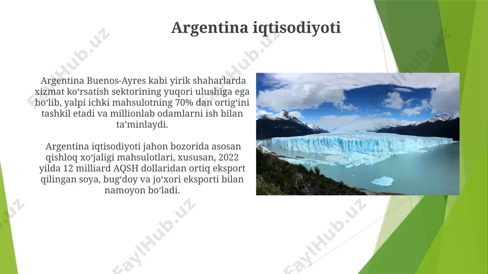 arga nisbatan avtonomiya darajasini belgilaydi. argentina kongressi ikki palatali parlamentdan iborat bo'lib, 257 a'zodan iborat deputatlar palatasi va 72 senatorlikdan iborat senatdan tashkil topgan, ularning vakolat muddati mos ravishda 4 va 6 yilni tashkil etadi. argentina tarixi andlar tog'lari argentina hududining g'arbiy qismida joylashgan bo'lib, mamlakatning 70% dan ortiq qismini egallaydi va bio xilma xilligi jihatidan boy mintaqalardan biri hisoblanadi. аргентина 1816-yilda ispaniyadan mustaqillikka erishgan bo'lib, buyuk britaniya bilan malvinas orollari (falkland orollari) ustidan 1982-yilda qonli urush olib borgan. argentina madaniyati buenos-ayres shahri tango musiqasi va raqsi bilan mashhur bo'lib, 19-asr oxiri va 20-asr boshlarida shakllangan ushbu san'at shakli butun dunyoga yoyilgan. argentina madaniyatida 20 dan ortiq mahalliy xalqlarning, shu jumladan, 300 mingdan ziyod aholi yashaydigan mapuche qabilasining boy an'analari va urf-odatlari saqlanib qolgan. argentina sog'liqni saqlash tizimi davlat tomonidan moliyalashtiriladigan sog'liqni saqlash tizimi, "sistema nacional de salud" (sns) ga ko'ra, yiliga 65 yoshdan oshganlar uchun bepul tibbiy xizmatlarni taqdim …